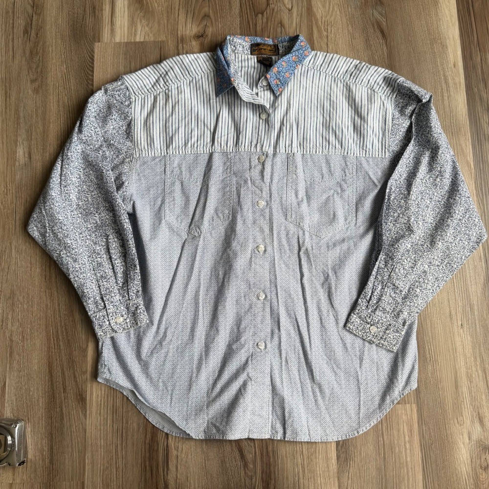 Vintage Eddie Bauer Blue White Mixed Print Patchwork Button Down Shirt Large