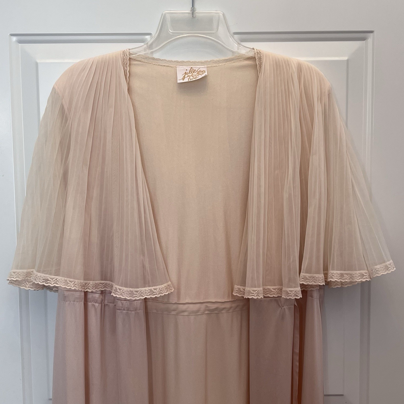 Jolie Two VTG Nylon Robe Sheer Pleated Chiffon Capelet Dressing Gown Beige Small