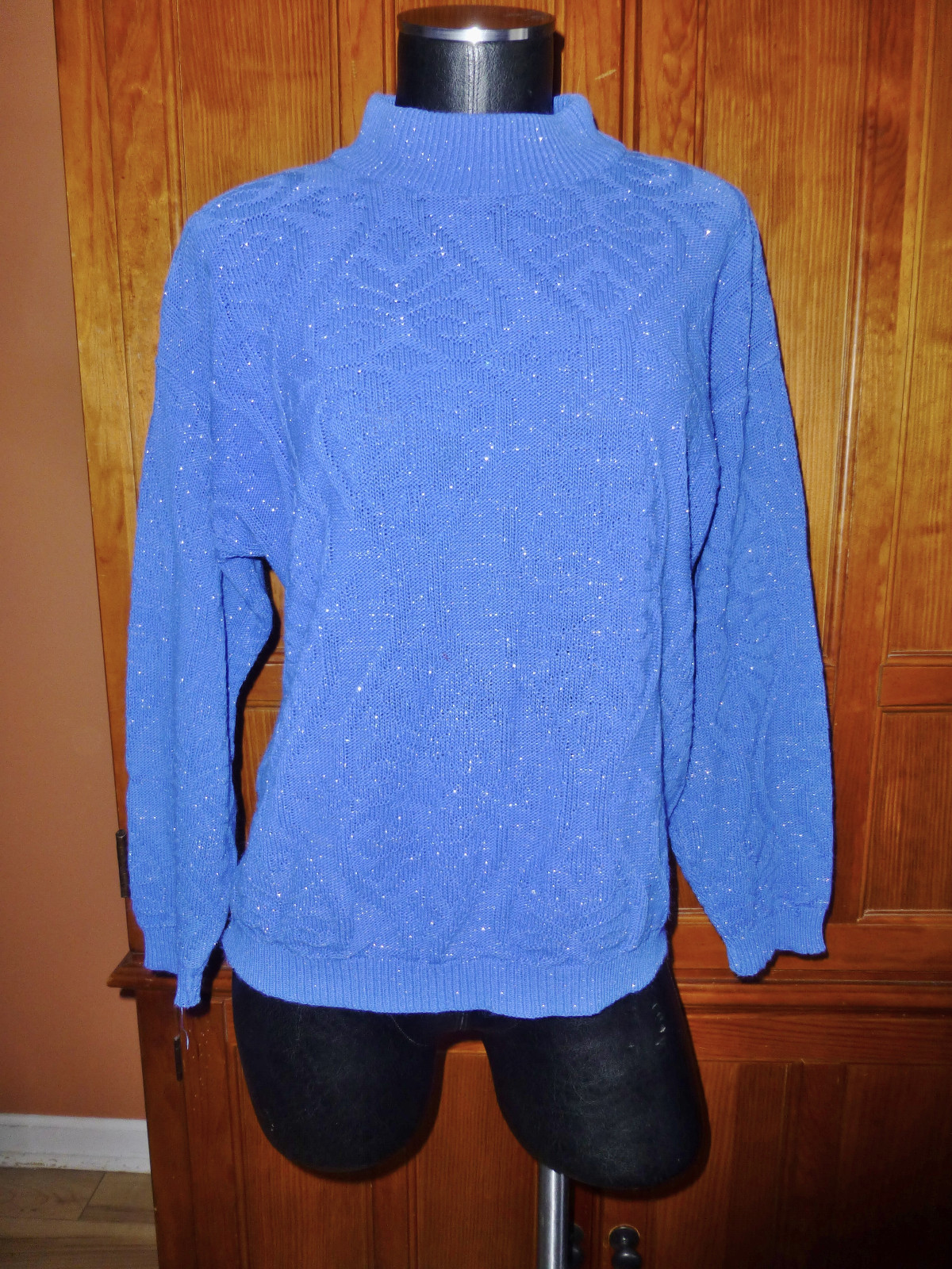 Vtg 80s Lurex Metallic Silver Shimmer Knit Blue Kawaii Retro SWEATER Pullover L