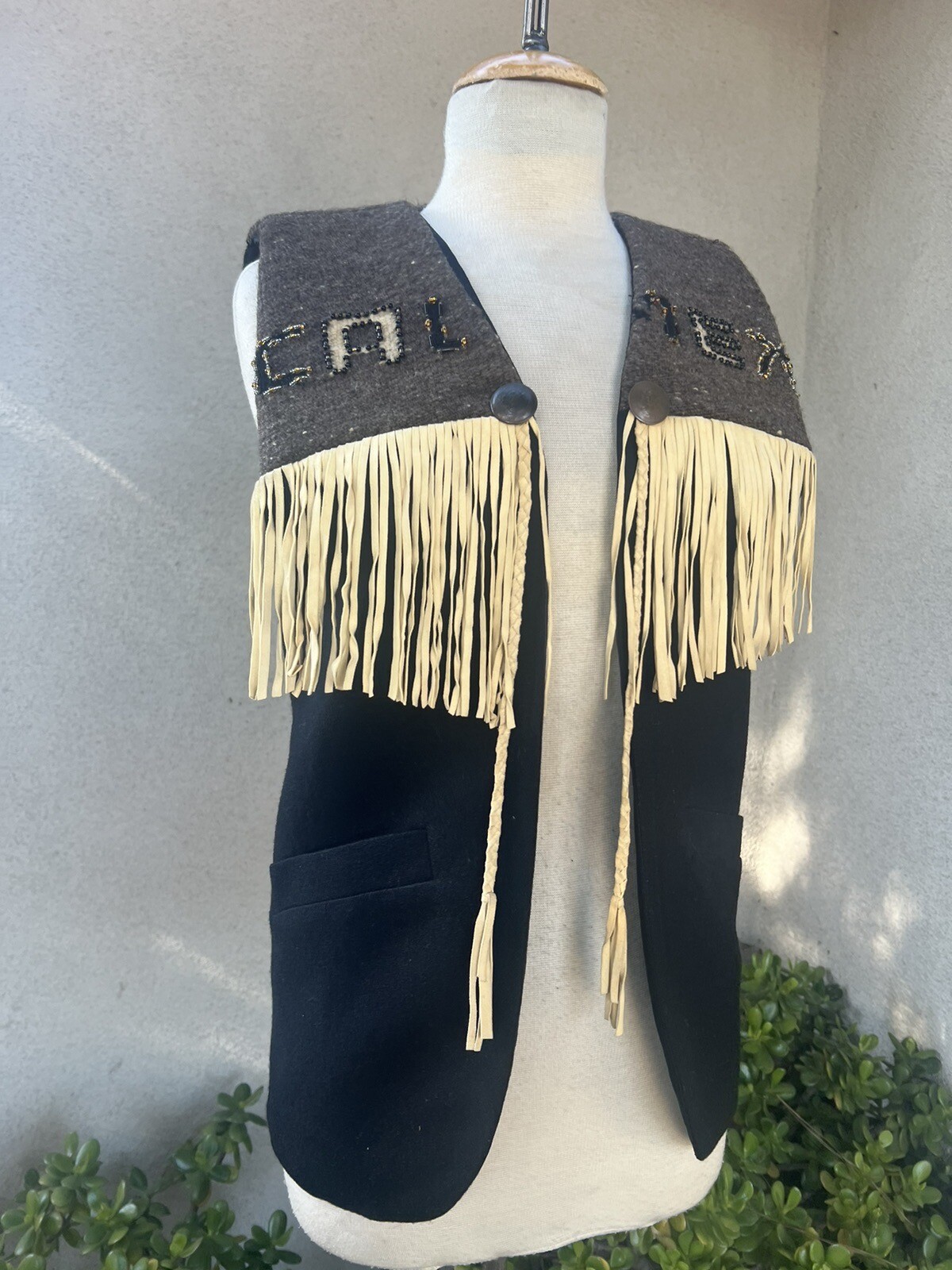 Vtg Wool Vest Southwest Mexican Theme Fringe Beads Small Krista Koeppe