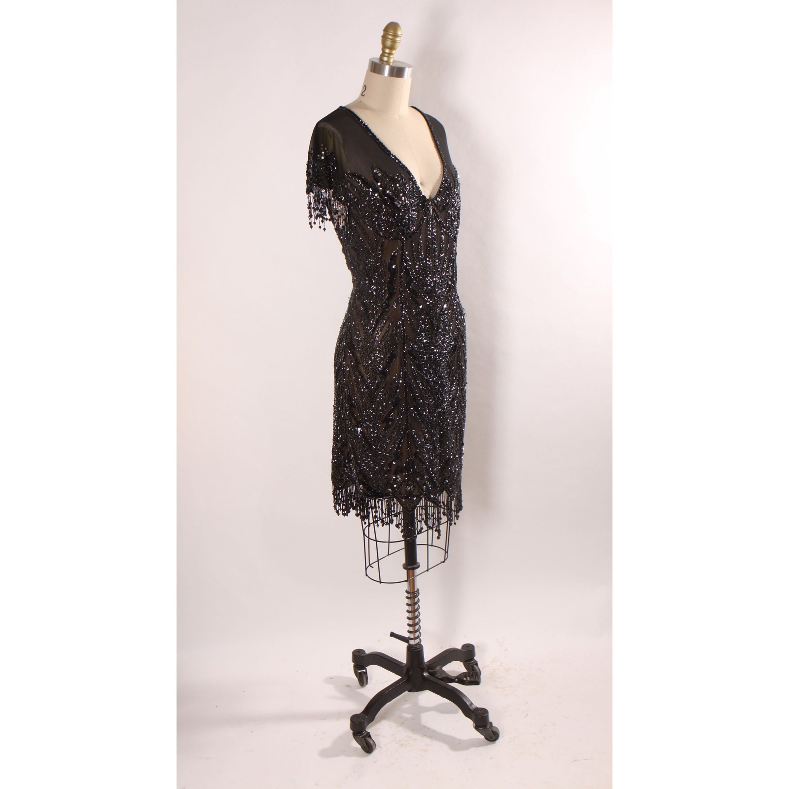 1980s 1990s Black Sequin Beaded Fringe Flapper Style Dress by Peak Evenings