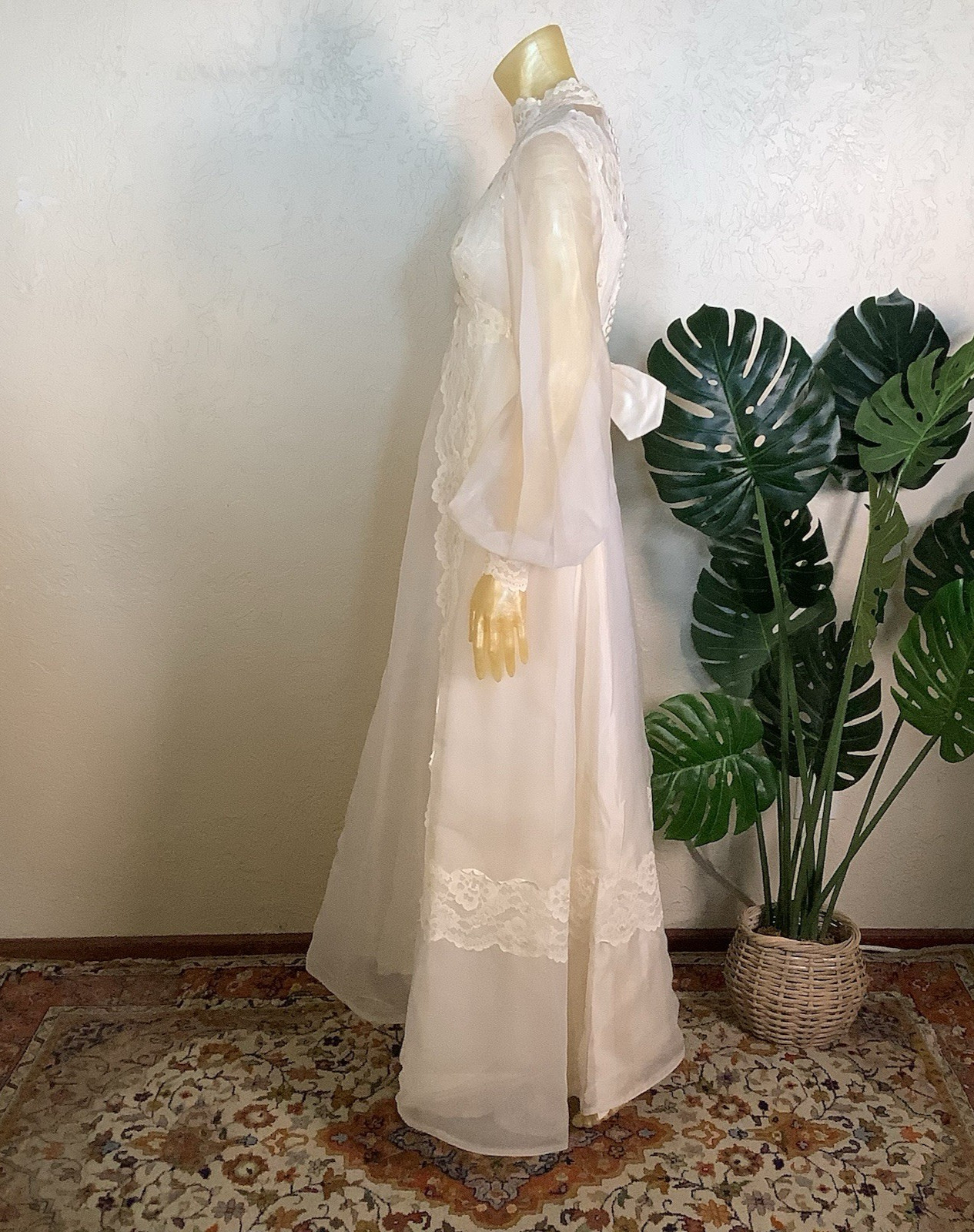 1970s Bridal Originals Regency Inspired Empire Waist Lace Wedding Dress & Train