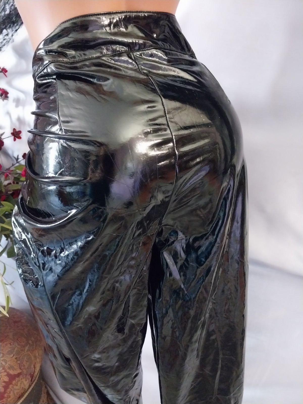 VTG RUBBA STICKY BOMBSHELL SHINY SILKY REFLECTIVE PANTS PVC VINYL GLOSSY 40/42