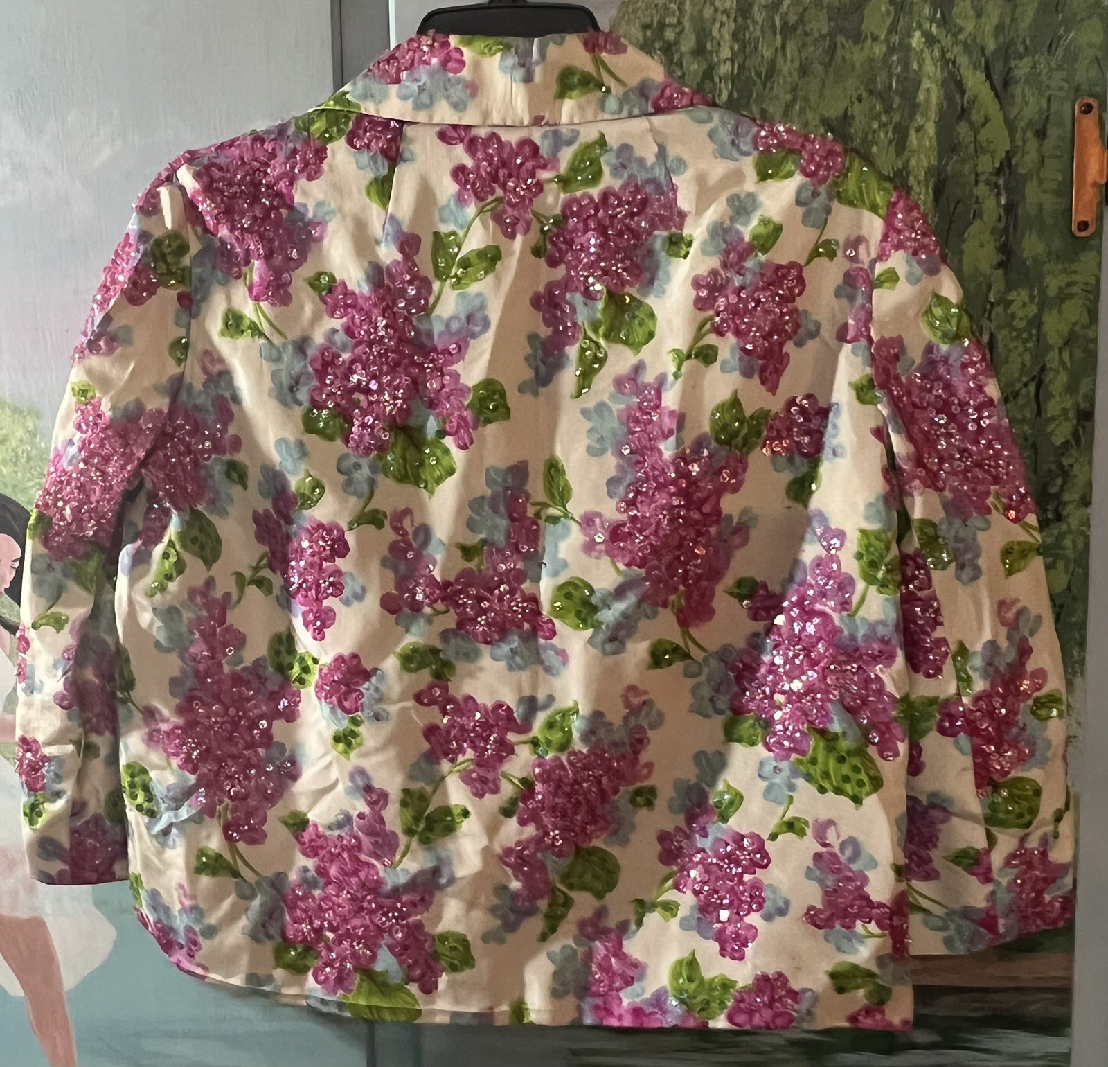 Vintage 50s Jo Ro Imports Beaded Sequins Blouse Jacket White Floral Size 12 M/L