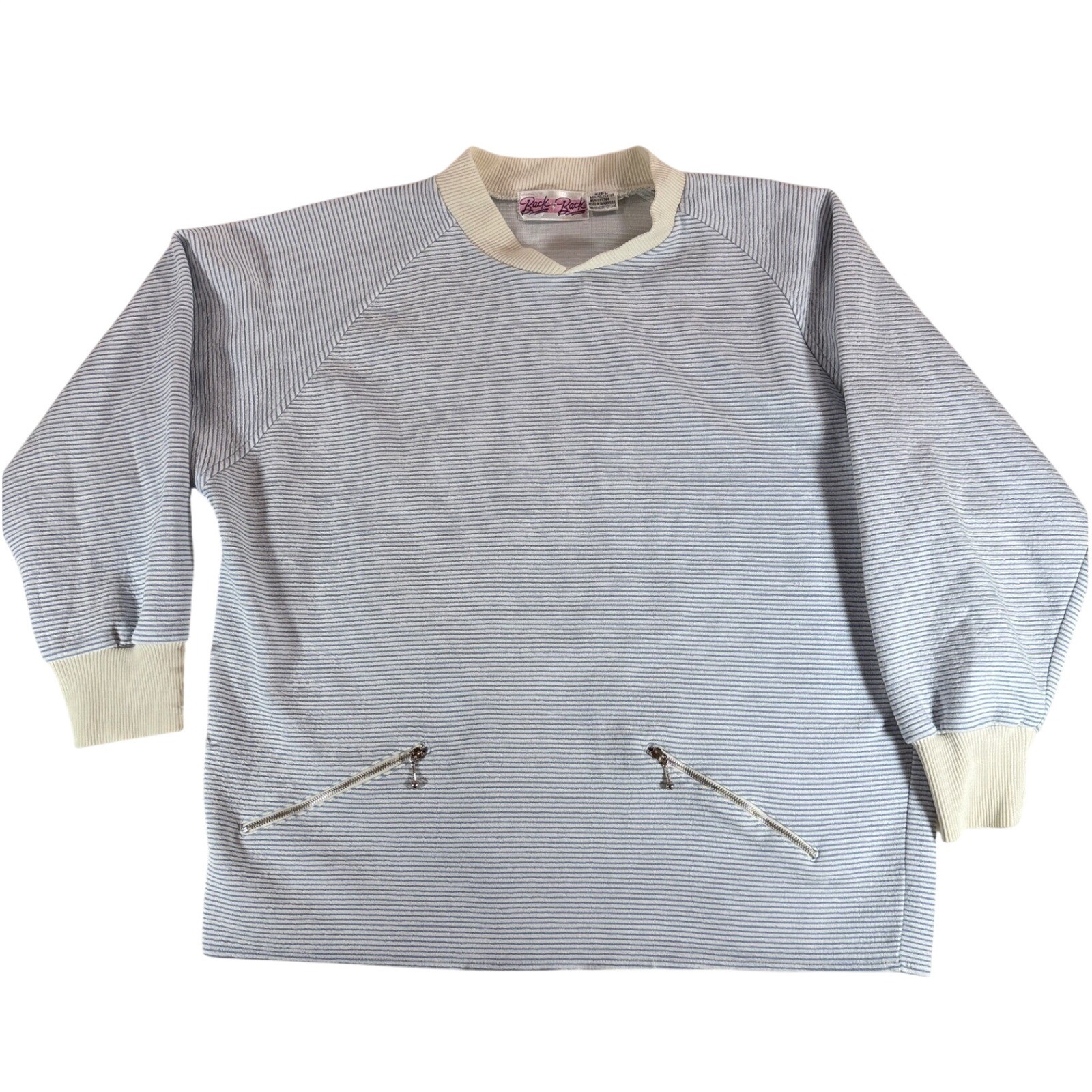 Vintage 80s Back to Back Striped Sweatshirt Zipper Pockets Blue White Large