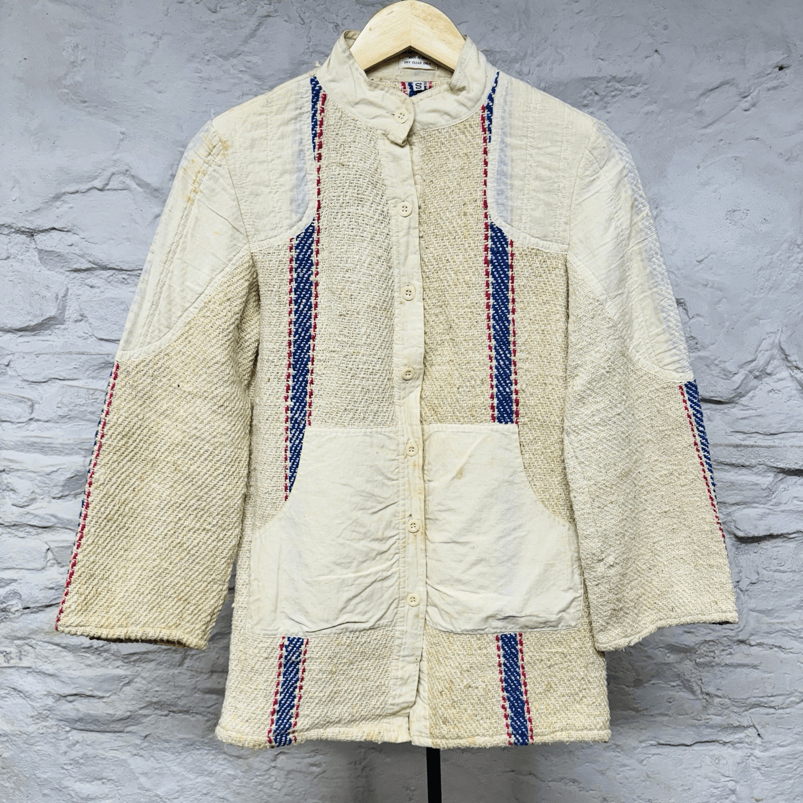 Vintage 70s Cotton Nehru Jacket Hand Woven India Button Up Jacket Striped Small