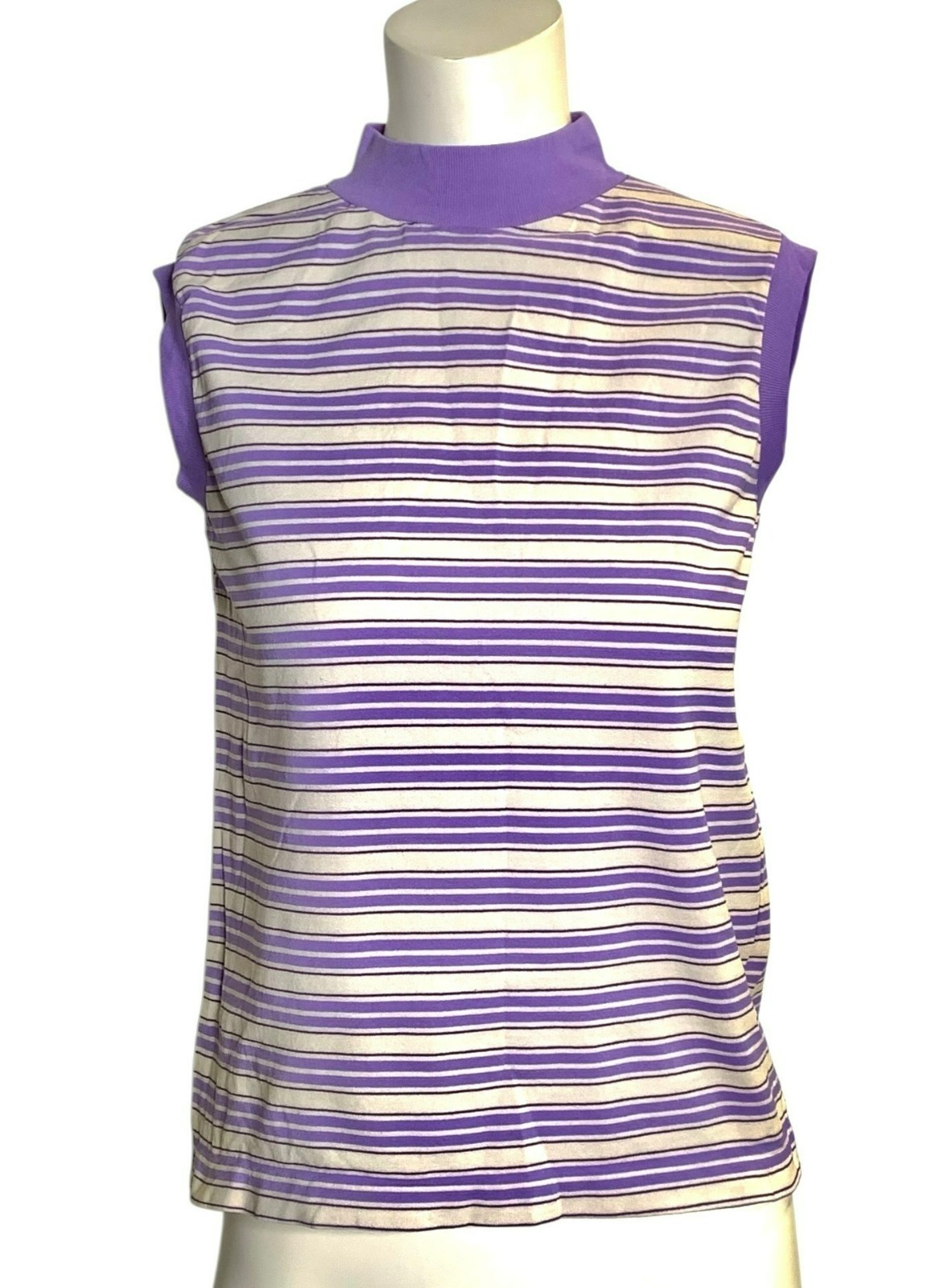 VTG 70s Striped Mod Preppy Purple Retro Academic Sleeveless Indie Mock Neck Top