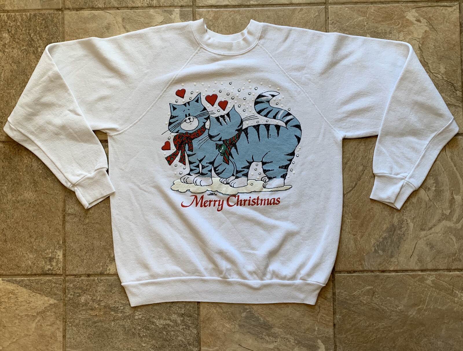 Merry Christmas Cats In Love Sweatshirt Ugly Sweater US Sweats White Vtg Large