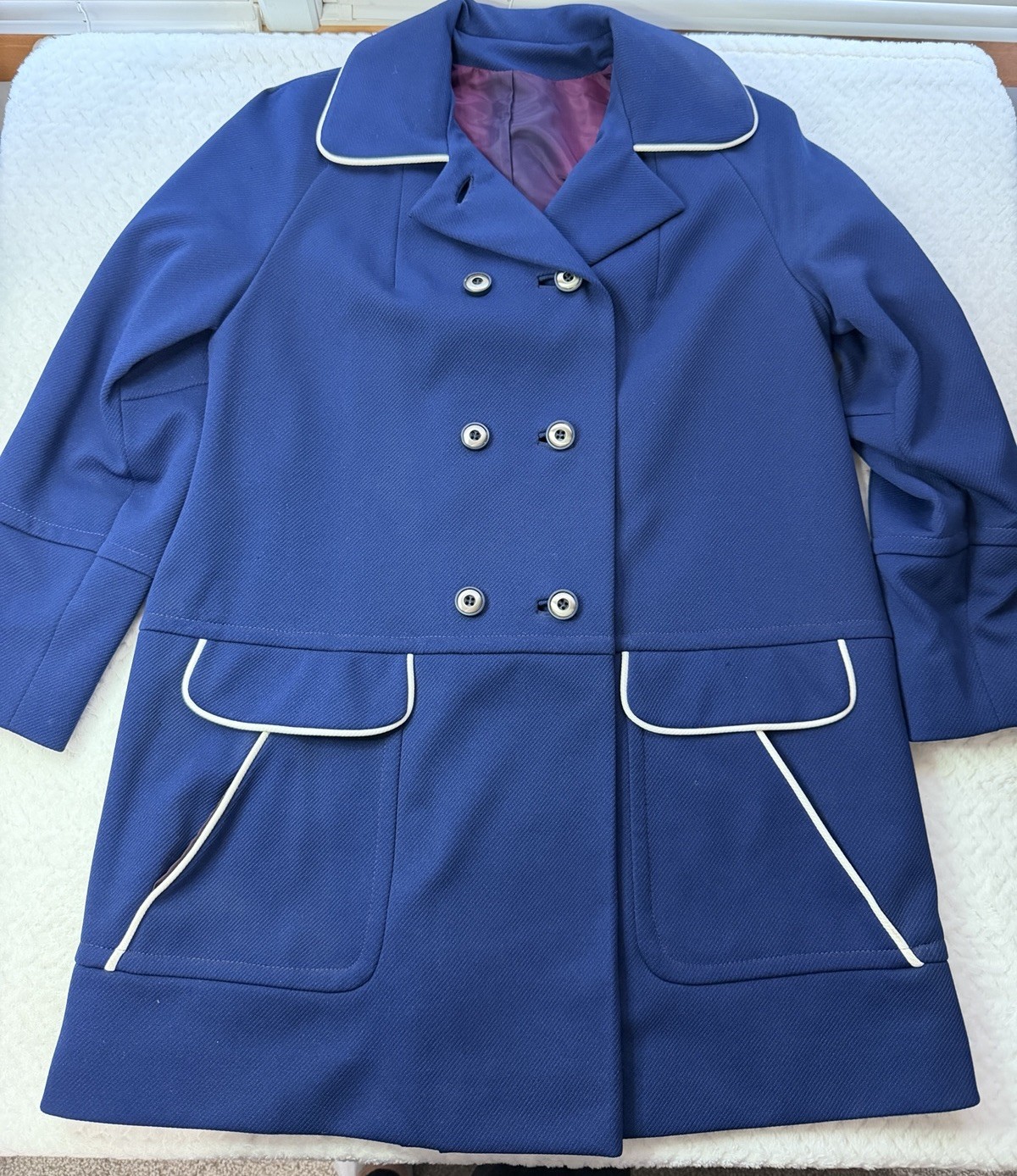 Vintage Mary Lane Royal Blue Mod Coat Womens Size 10 Double Breasted White Trim