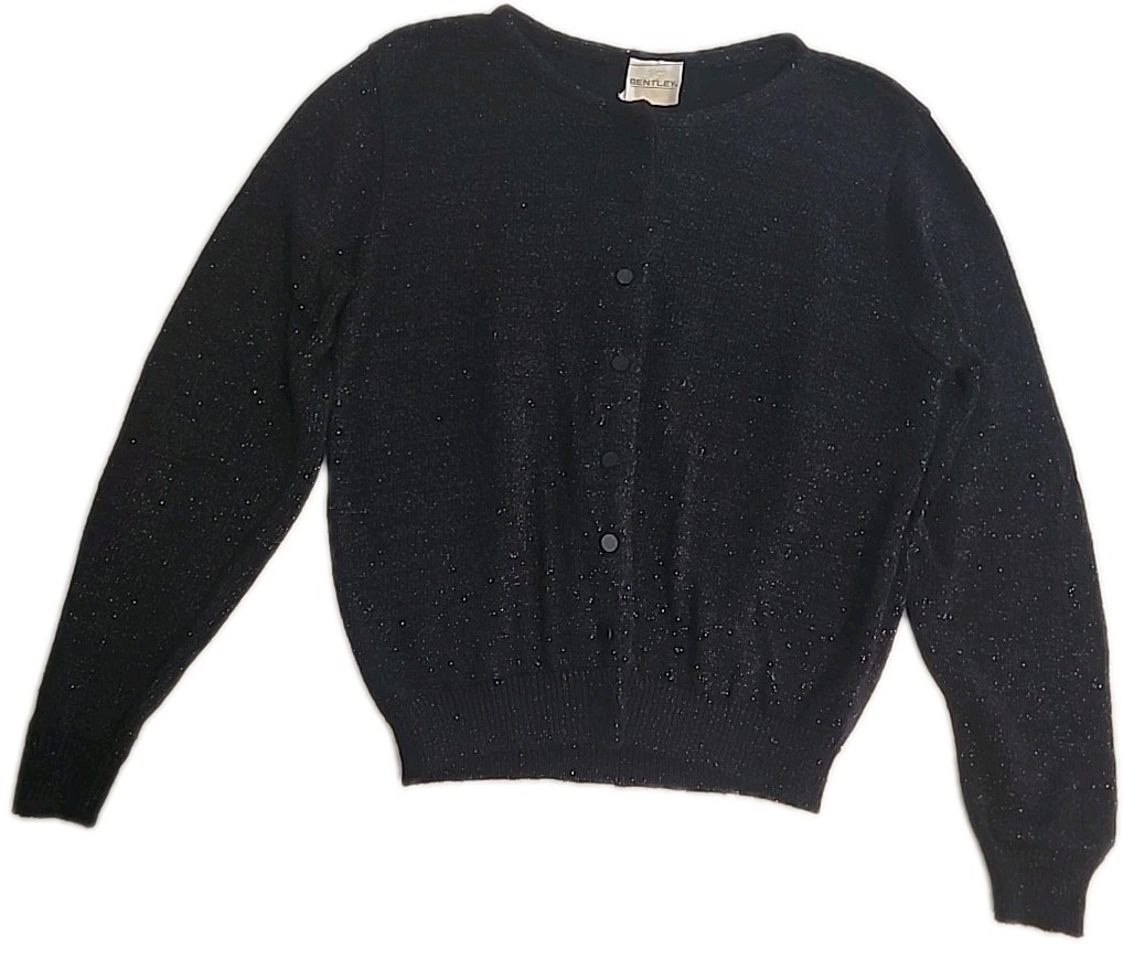 Vtg 80s Bentley Sz M Cardigan Sweater Black Dressy Silver Sparkle Long Sleeve