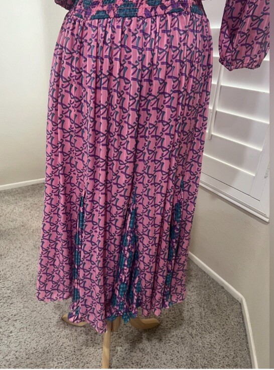 VNTG 80s Susan Freis satin multicolor floral faux wrap elastic ruffle dress M