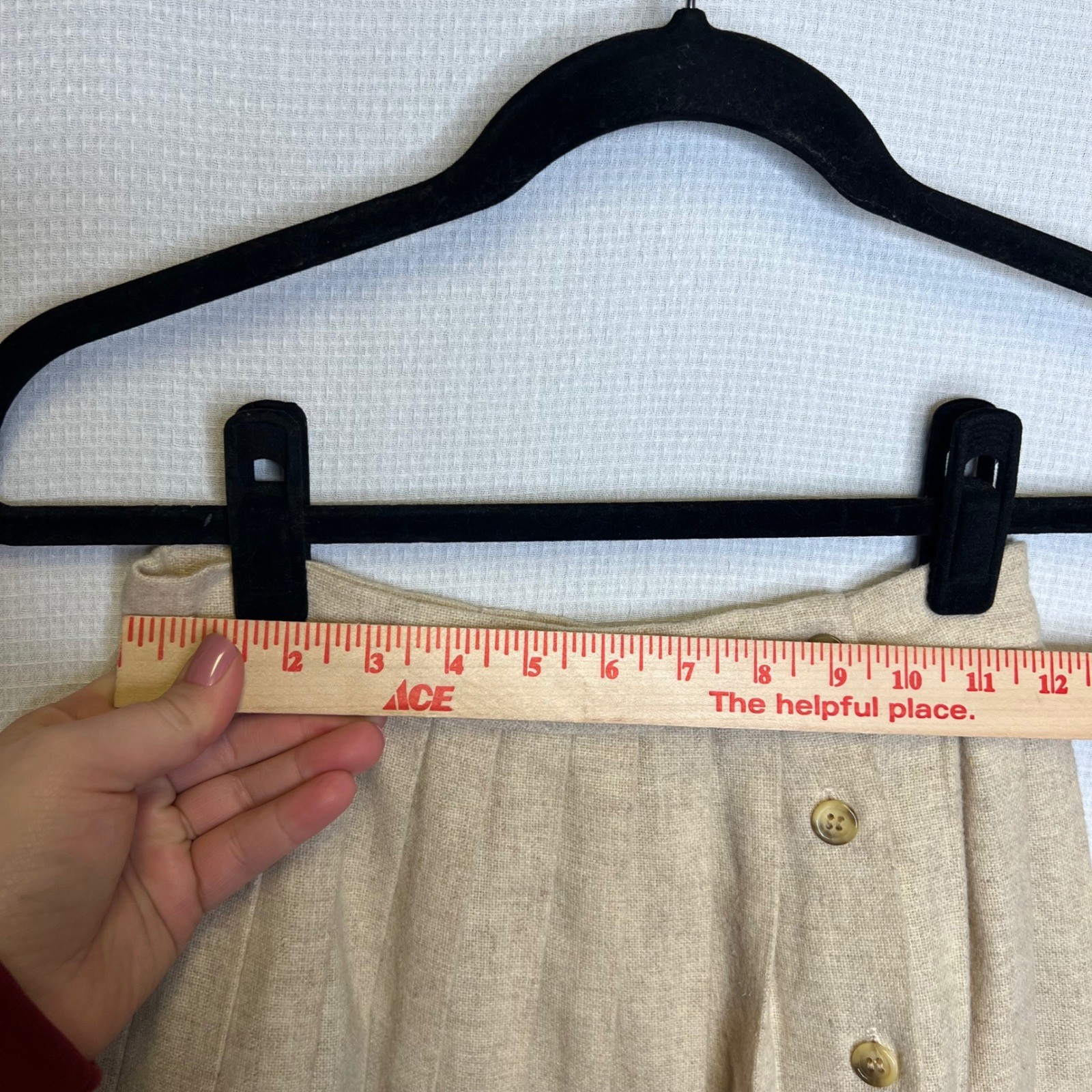 Vintage Oatmeal Beige Pleated Skirt Wool Button Front Geometric Border Size 0