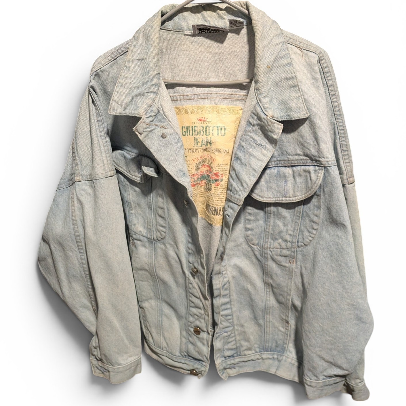 Vtg 80s Forenza Giubbotto Denim Jacket Oversized Light Wash Car Graphic Unisex