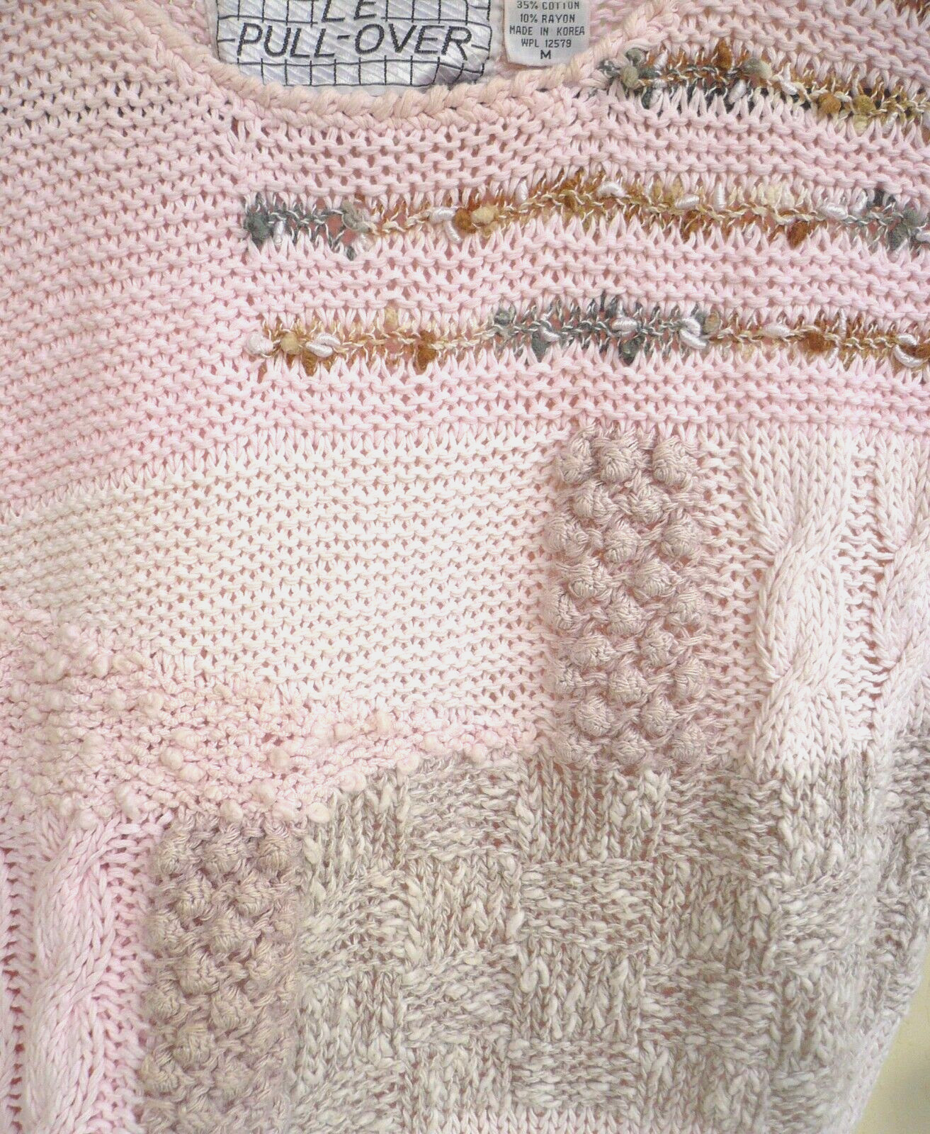 VTG 80S KOREAN POPCORN PINK IVORY BROWN 3D SLEEVELESS LINEN COTTON M WOMEN PULLO