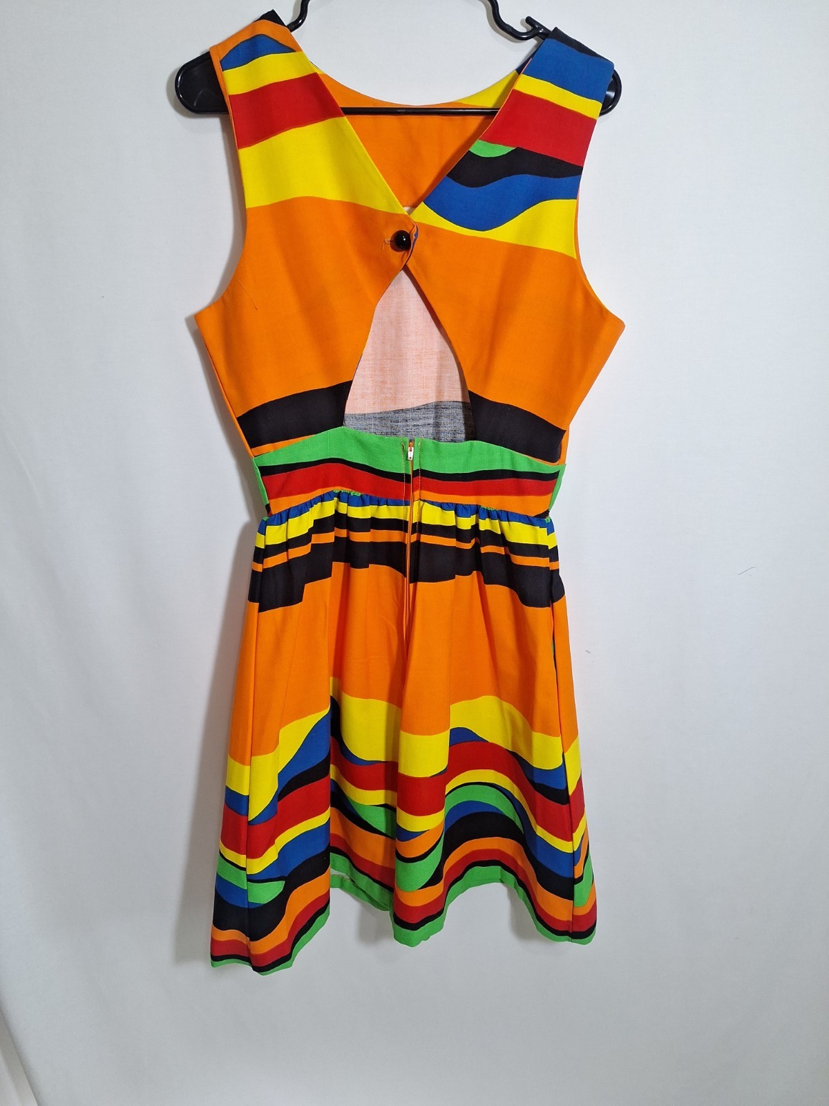 Vtg 70s Malia Honolulu Rainbow Striped Dress Cutout Open Back Mod Pop Art Small