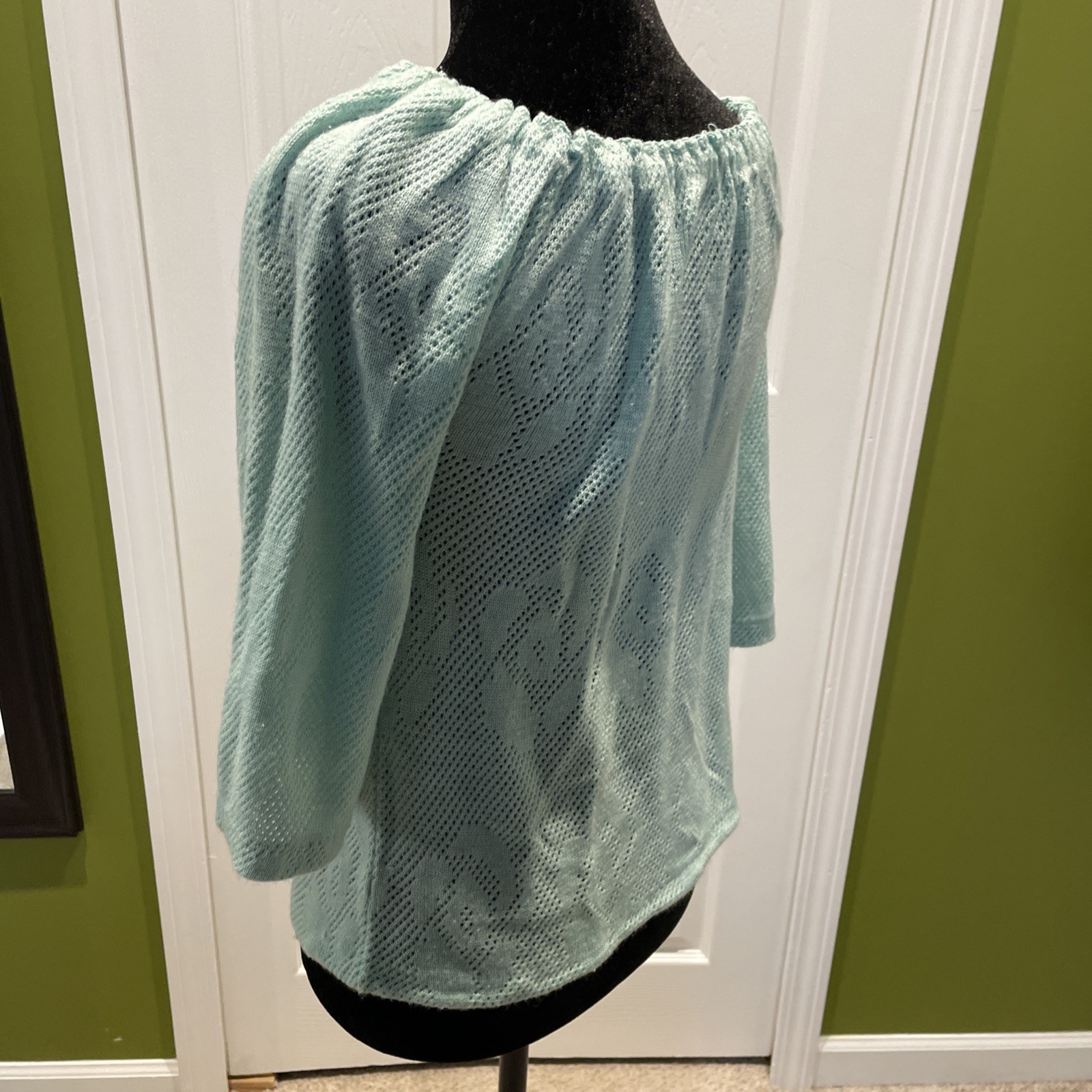 Vintage Garland 80s 3/4 Length Sweater Mint Green Roses Sheer Light Small Xs