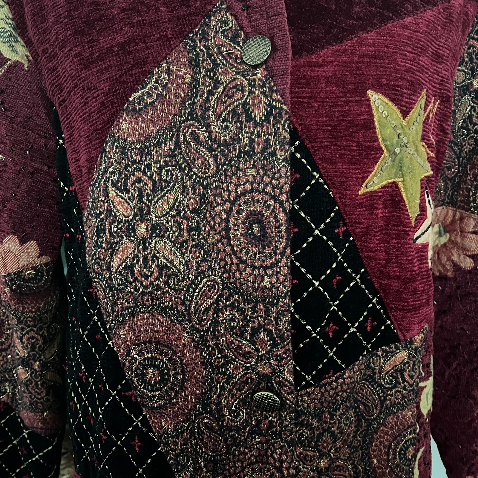 Alex Kim Vintage Burgundy Embroidered Patchwork Jacket sz Petite M