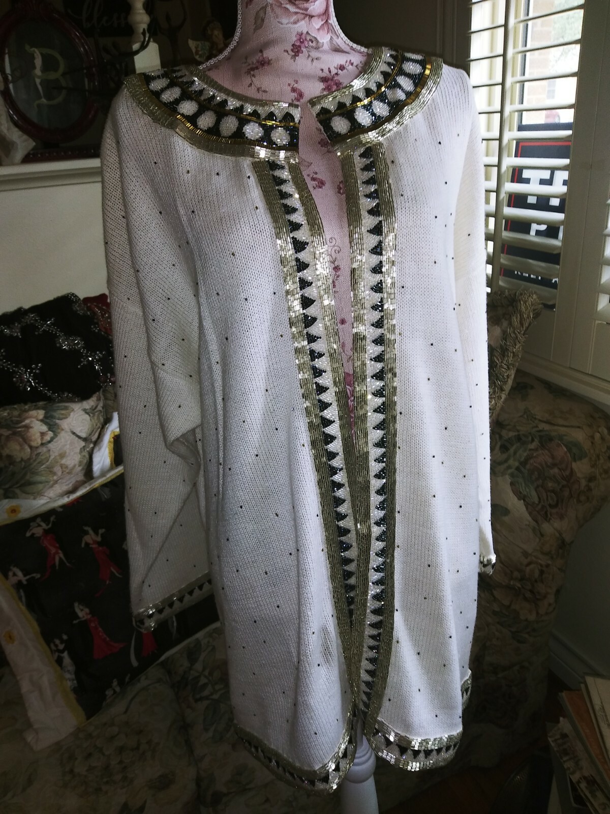 Bonnie Boerer Vtg 80s Beaded Sweater/Jacket Deco Pattern Beads, Heavy Plus Sz 2X