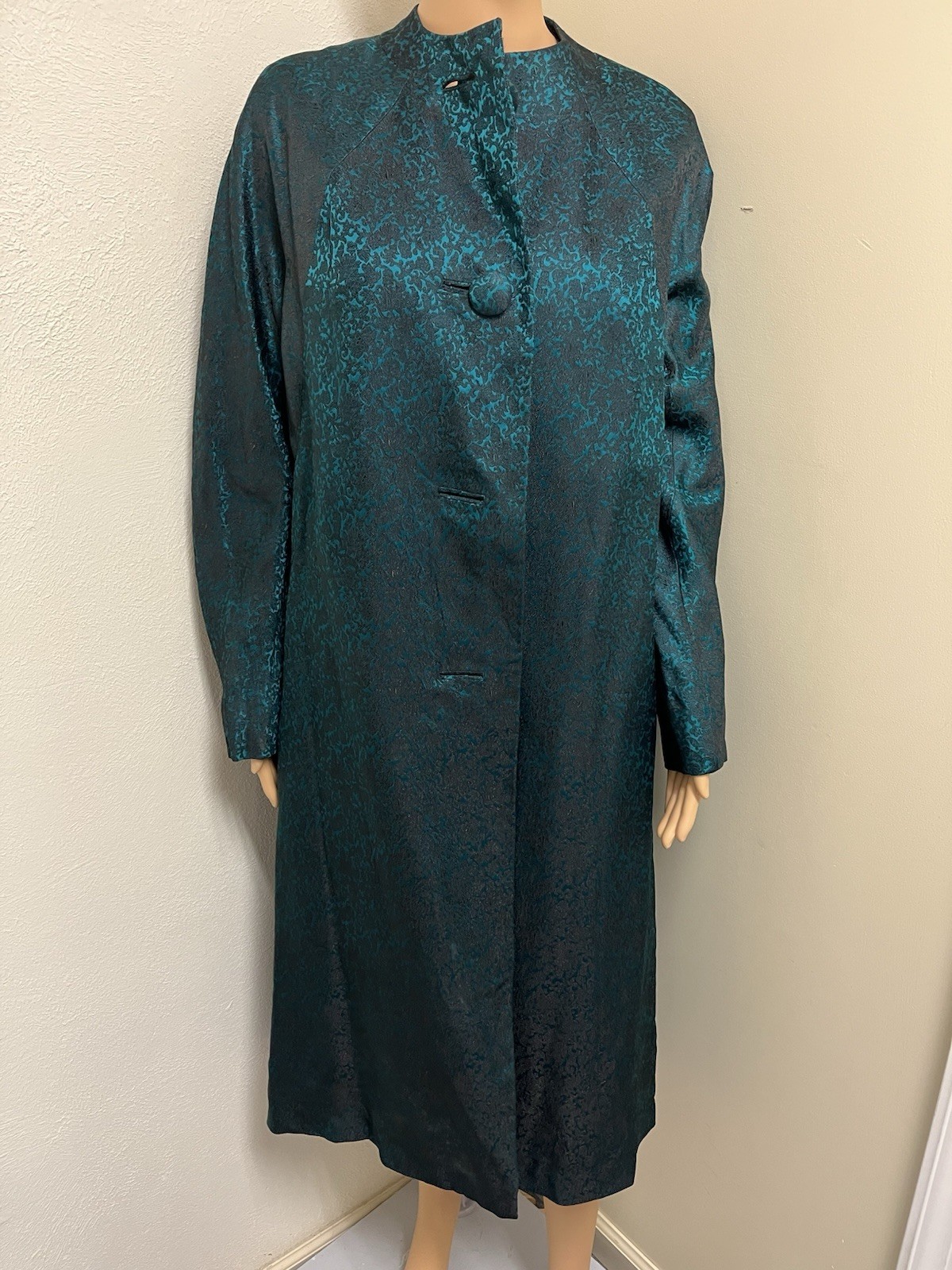 Vintage Hong Kong Royal India Tailors Teal Silk Brocade Dress Coat Stunning Sz M