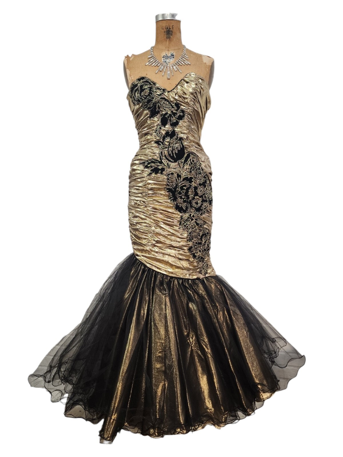 Vtg 80s Prom Dress XS/S Mermaid Gold Lame Metallic Ruched Pageant Gown New