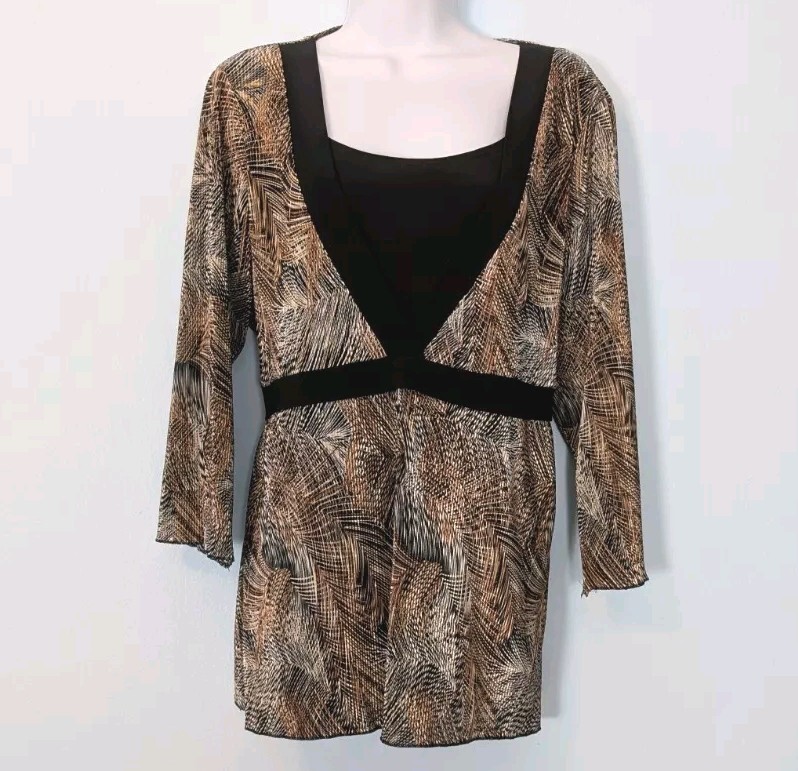 Vintage Dressbarn Top Women’s XL 70s Look Carol Brady Mock 2 Piece Back Tie FLAW