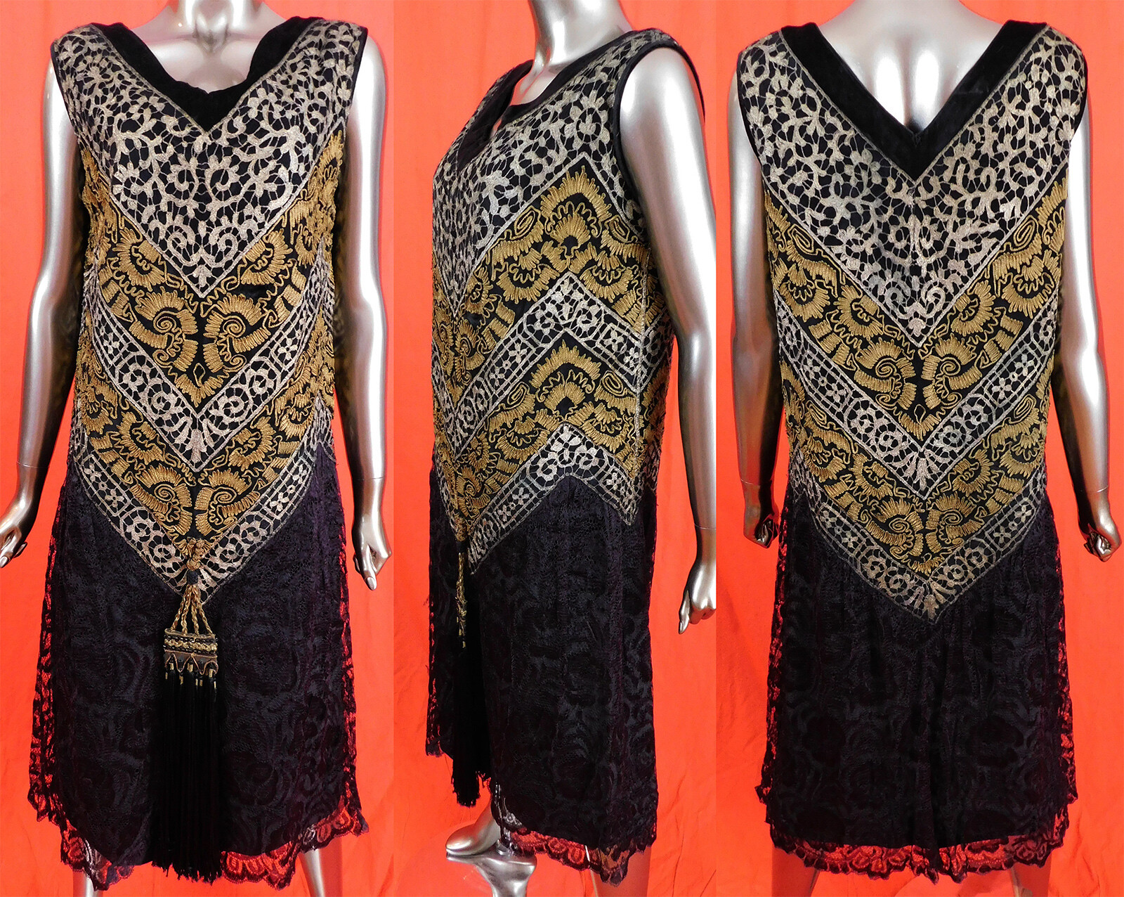 Vintage Art Deco Black Velvet Gold Lame Lace Beaded Tassel Trim Flapper Dress