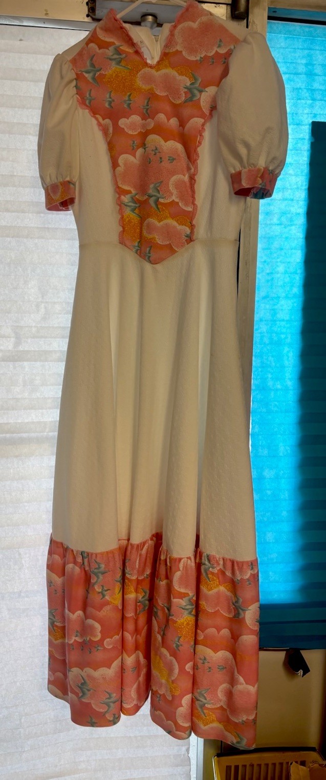 1980’s Handsewn Full Length DRESS White with Pink Clouds, Blue Doves BOHO