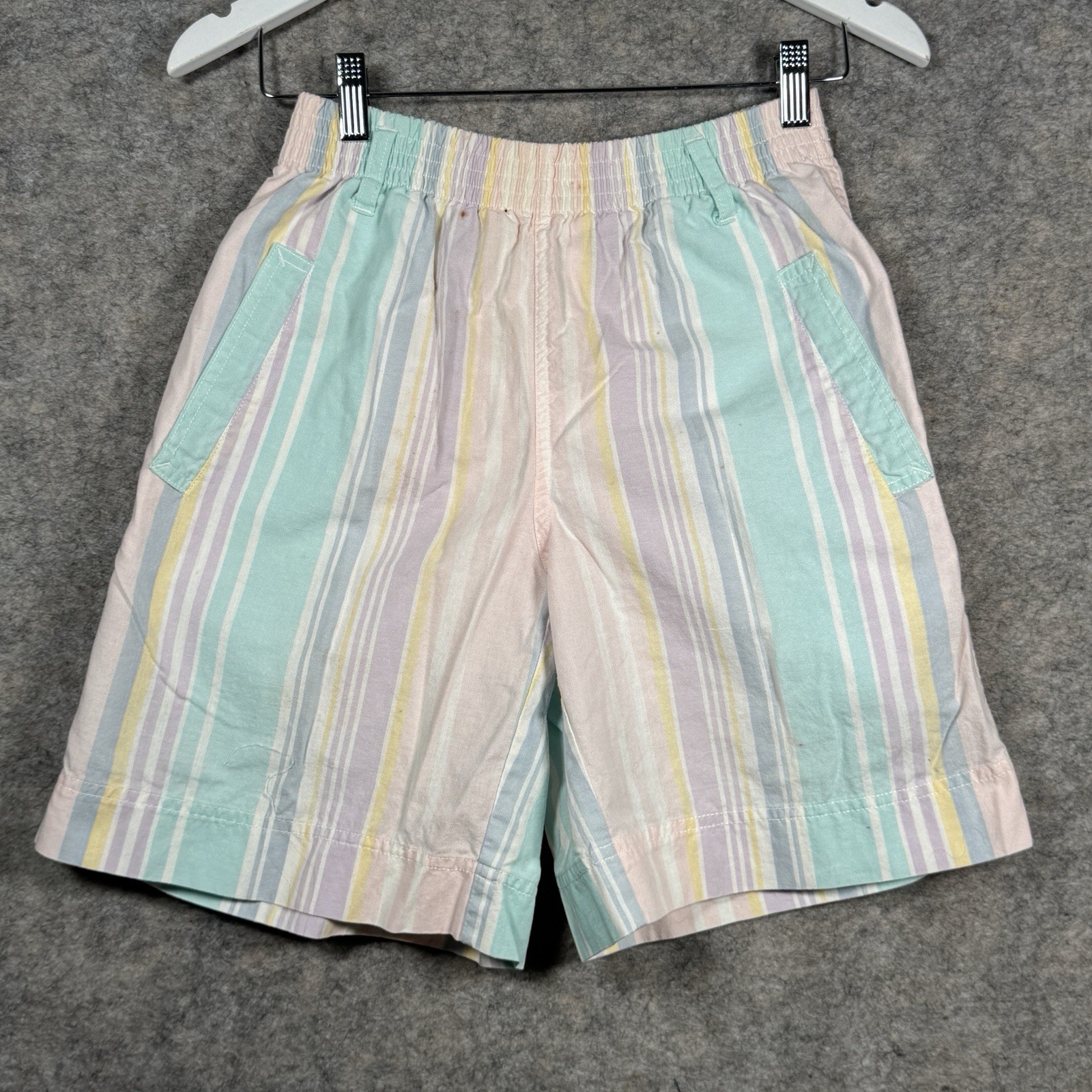 Vintage Womens Liz Wear Striped Pastel Color Cotton Cotton Elastic Shorts Sz 26″