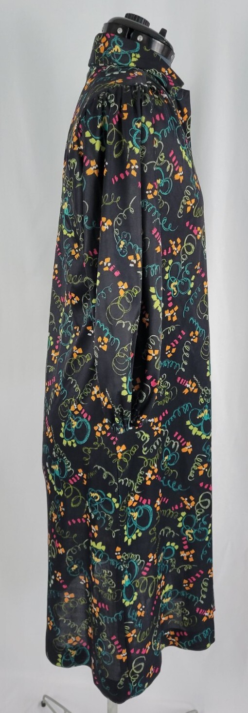 Vtg Black Dress w Pink/Yellow/Lime/Teal/Orange Abstract Design 36″ Bust Size SM?