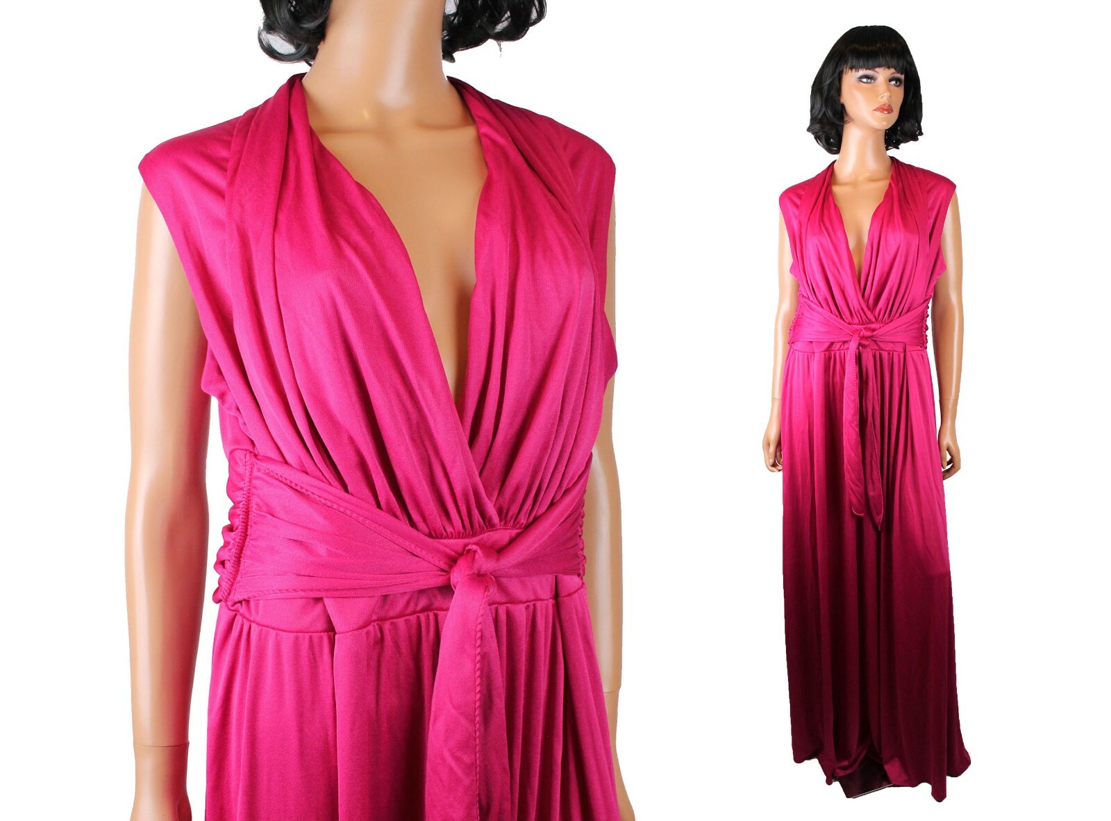 Disco Goddess Dress XL Vintage Dark Fuchsia Pink Extra Long Plunge Neck Gown