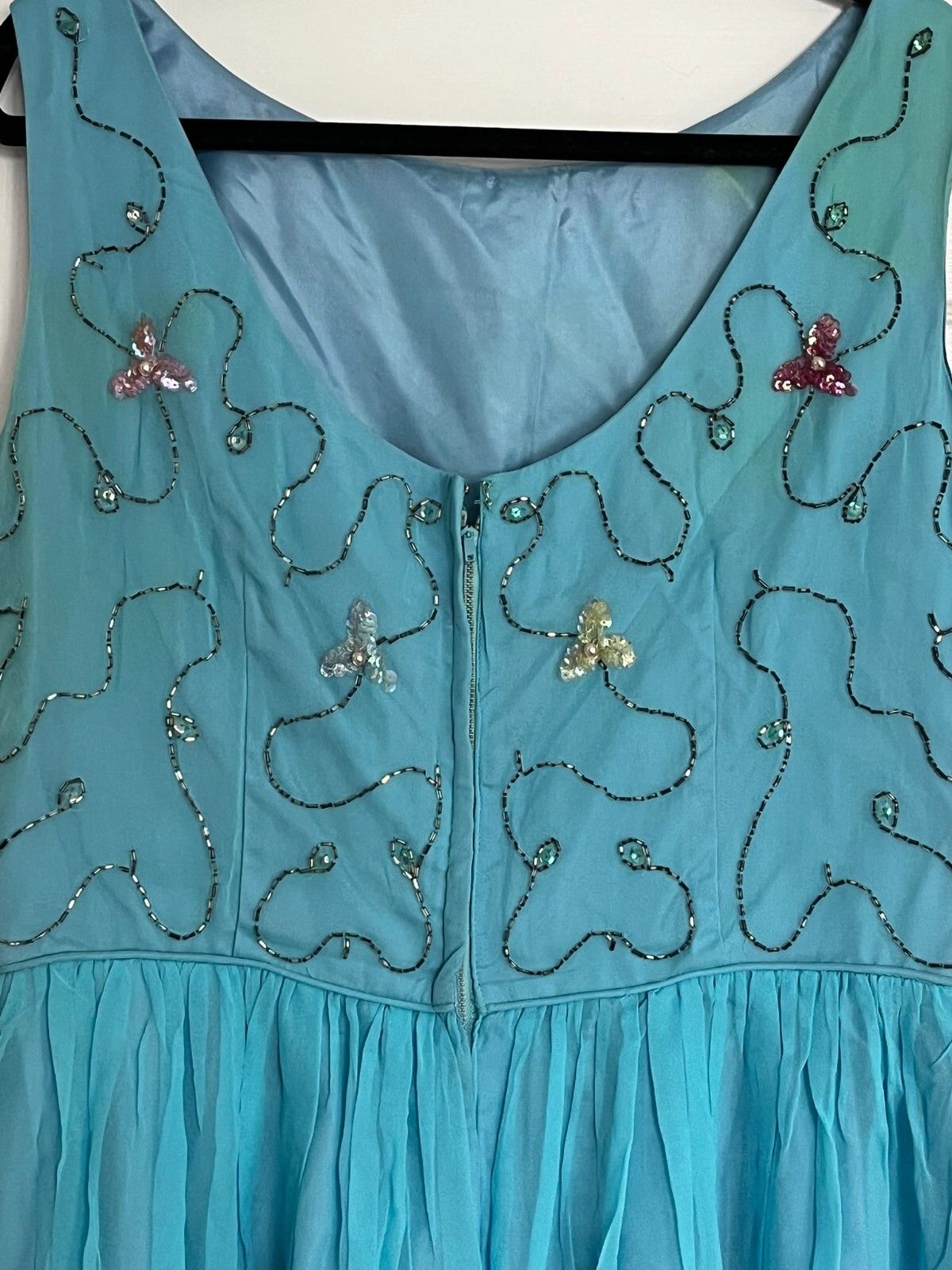 VINTAGE WOMEN’S TURQUOISE BLUE BEADED FIT & FLARE CHIFFON FORMAL DRESS PLS READ
