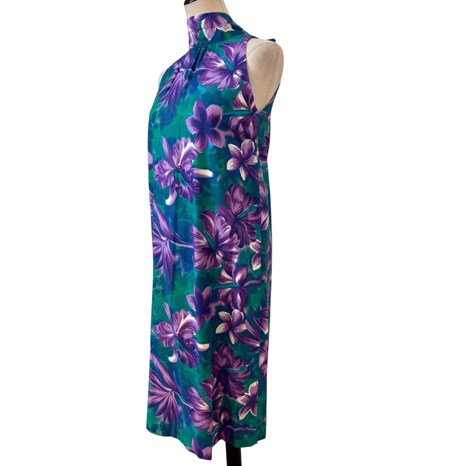 Vtg 60s 70s Fashions of Hawaii Dress Women sz s/m Teal Purple Floral Bow resort