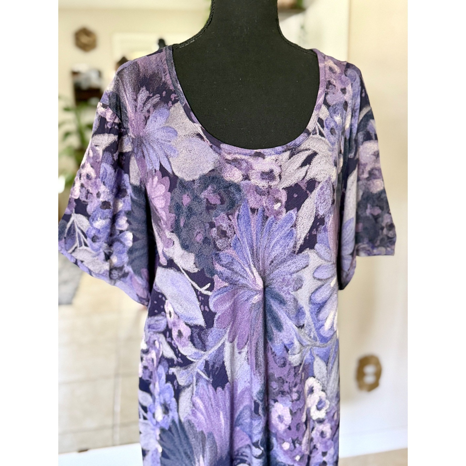 90s Vintage Moody Botanical Floral Scoop Neck Shift Dress XL
