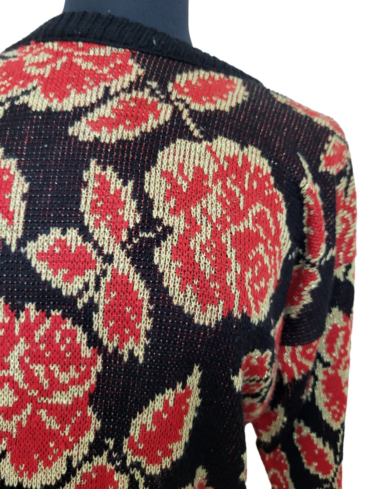 Vintage 80’s Sunshine Starshine Acrylic Sweater Red Roses Black Gold USA Size M