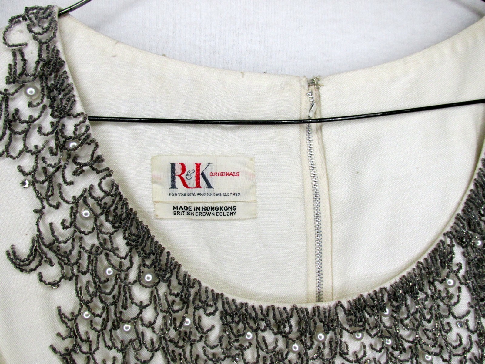 Vintage 60s R&K Originals Cream Shantung Gray Beaded Sheath Dress Holiday 34″