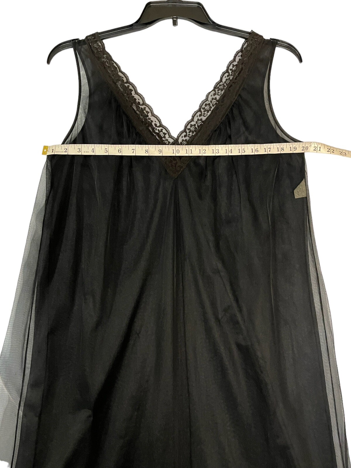 Vintage Lisette Gown Double Black Chiffon Nylon Long Lingerie V Neck Lace Medium