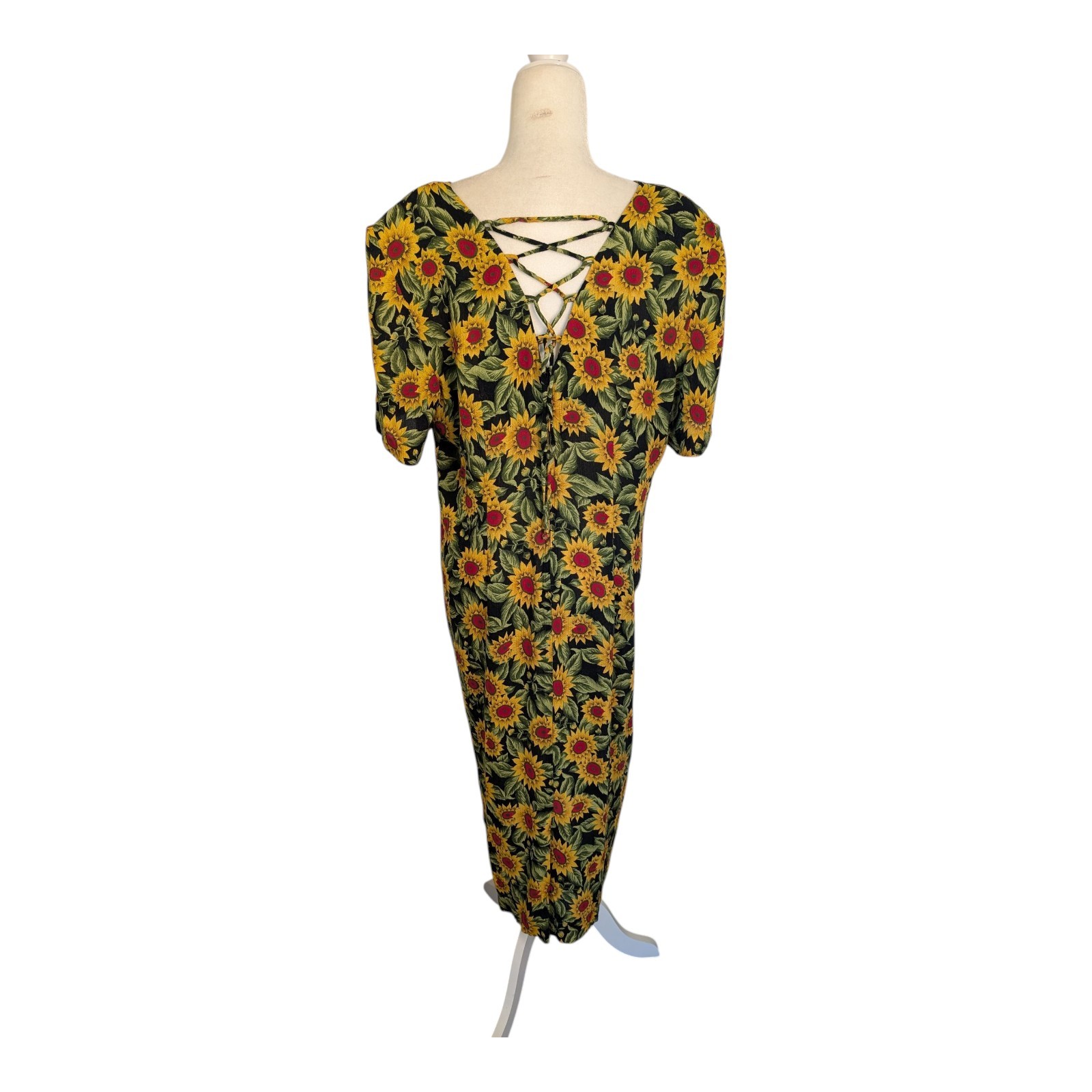 Vintage 90s Sunflower Midi Dress XL XXL 16 Lace Up Open Back Cottagecore Playful