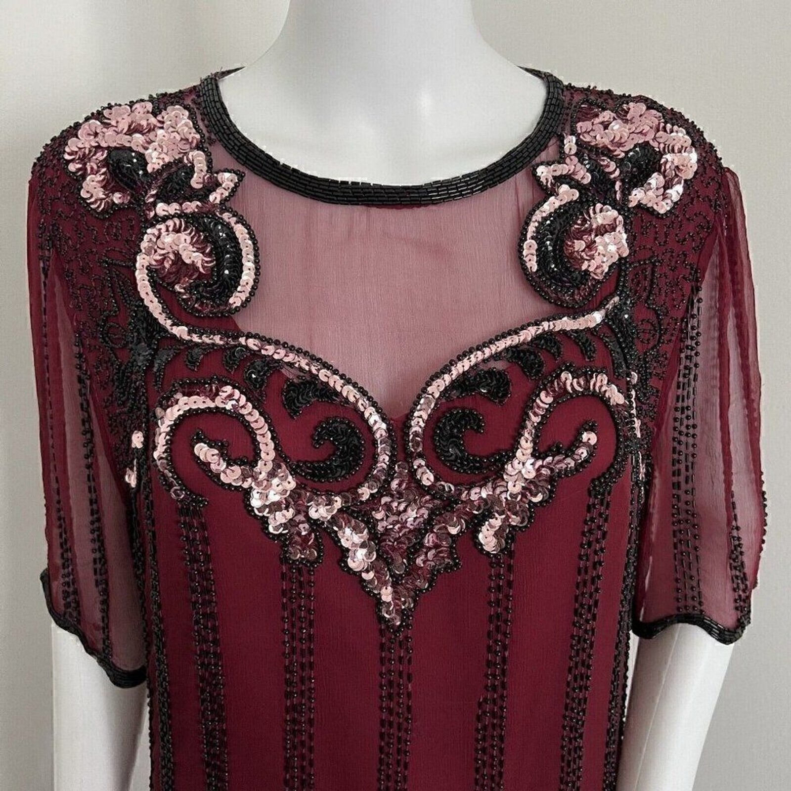 Vintage 90s Jennifer by KVM Party Dress Size M Cranberry Sequin Embroidered Silk