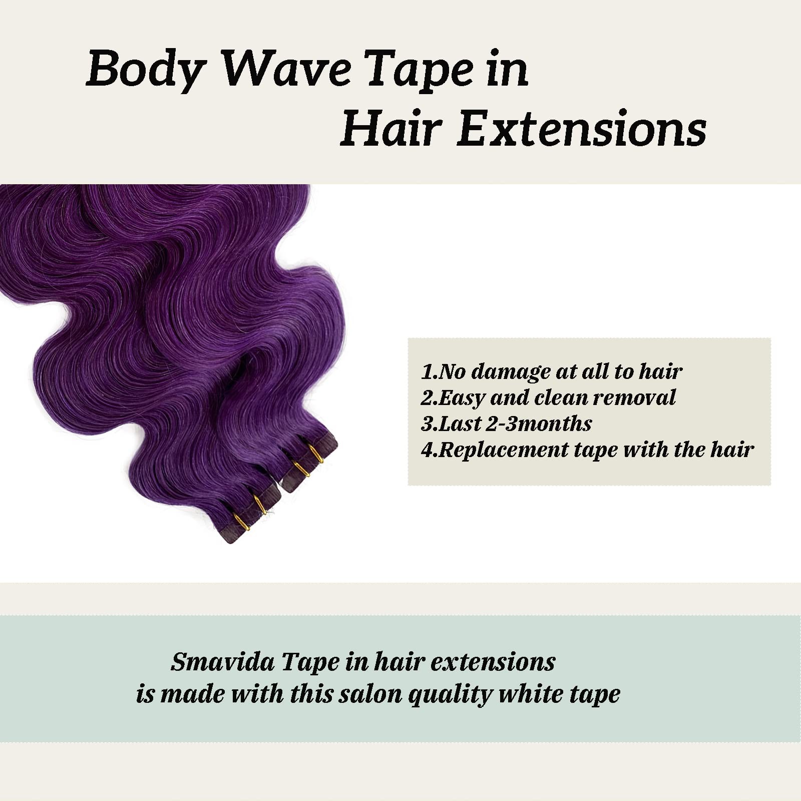 Body Wave Tape-in Human Hair Extensions, Purple 100% Remy Soft Sea