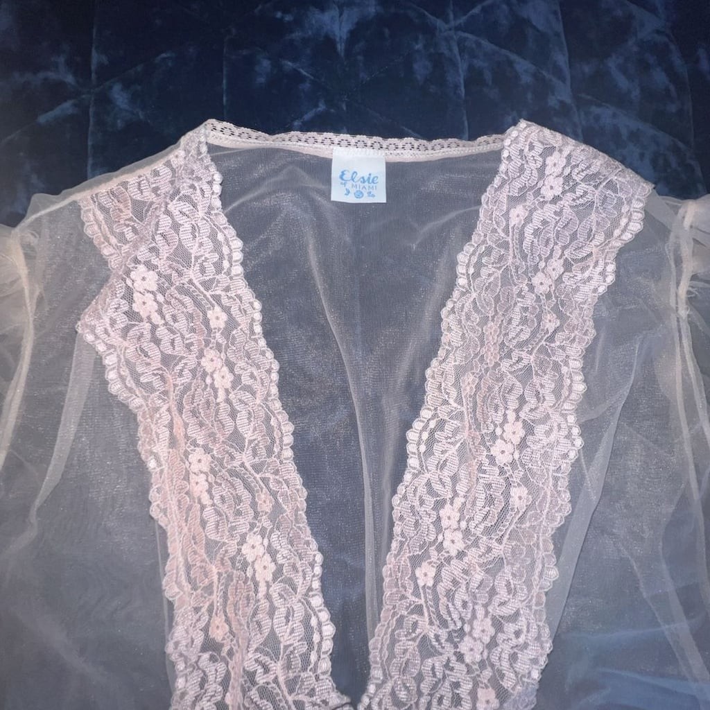 Vintage Elsie of Miami Sheer Pink Peignoir Robe with Lace Trim