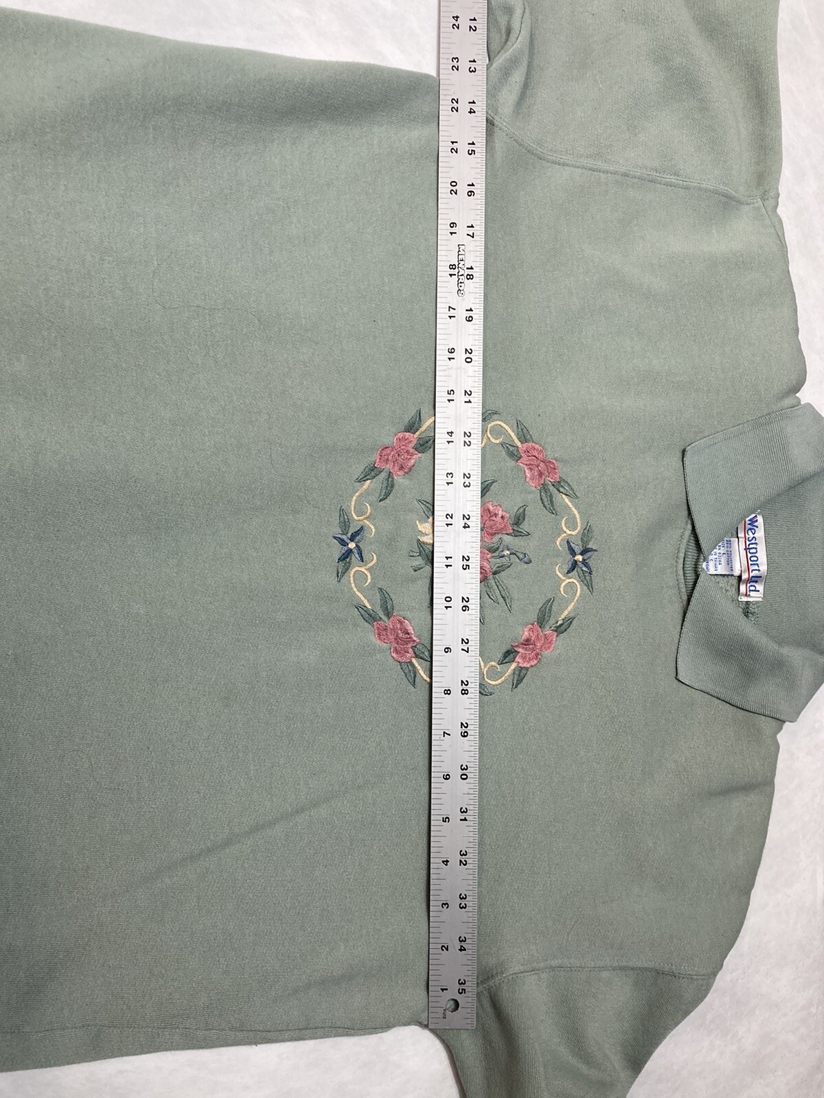 Vintage 90s Westport Embroidered Grandma Sweater Mint Green Floral Large Collar