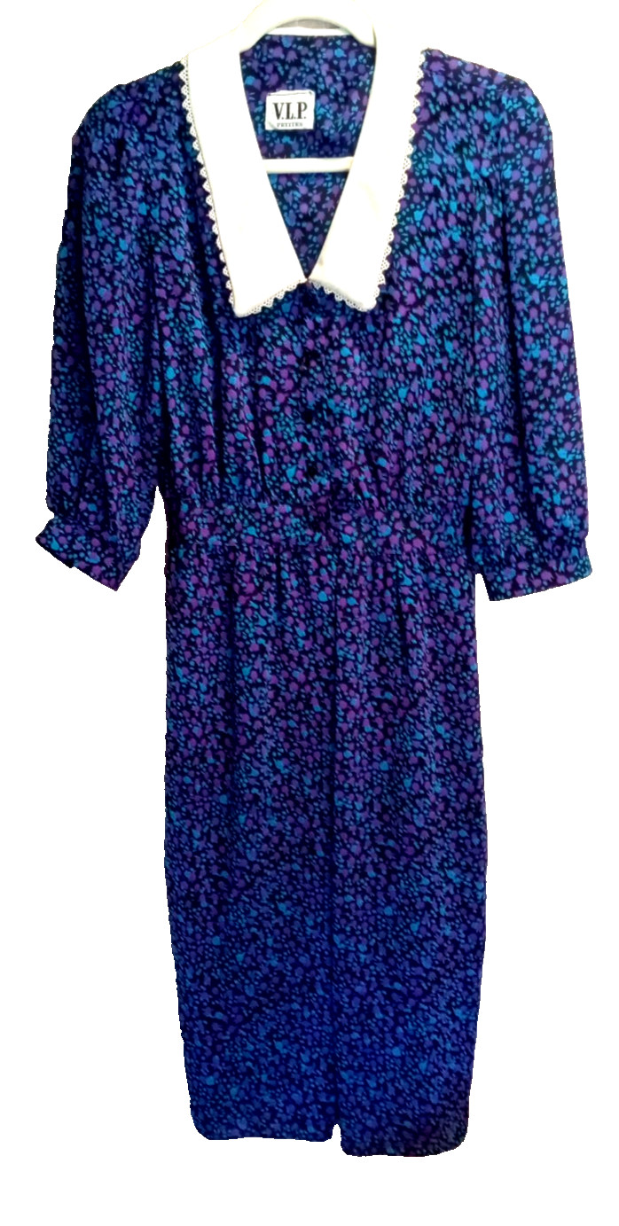 💜 VTG 1980s Cottagecore Style V.L.P. Petites Dress Sheer Floral Womens Sz 6