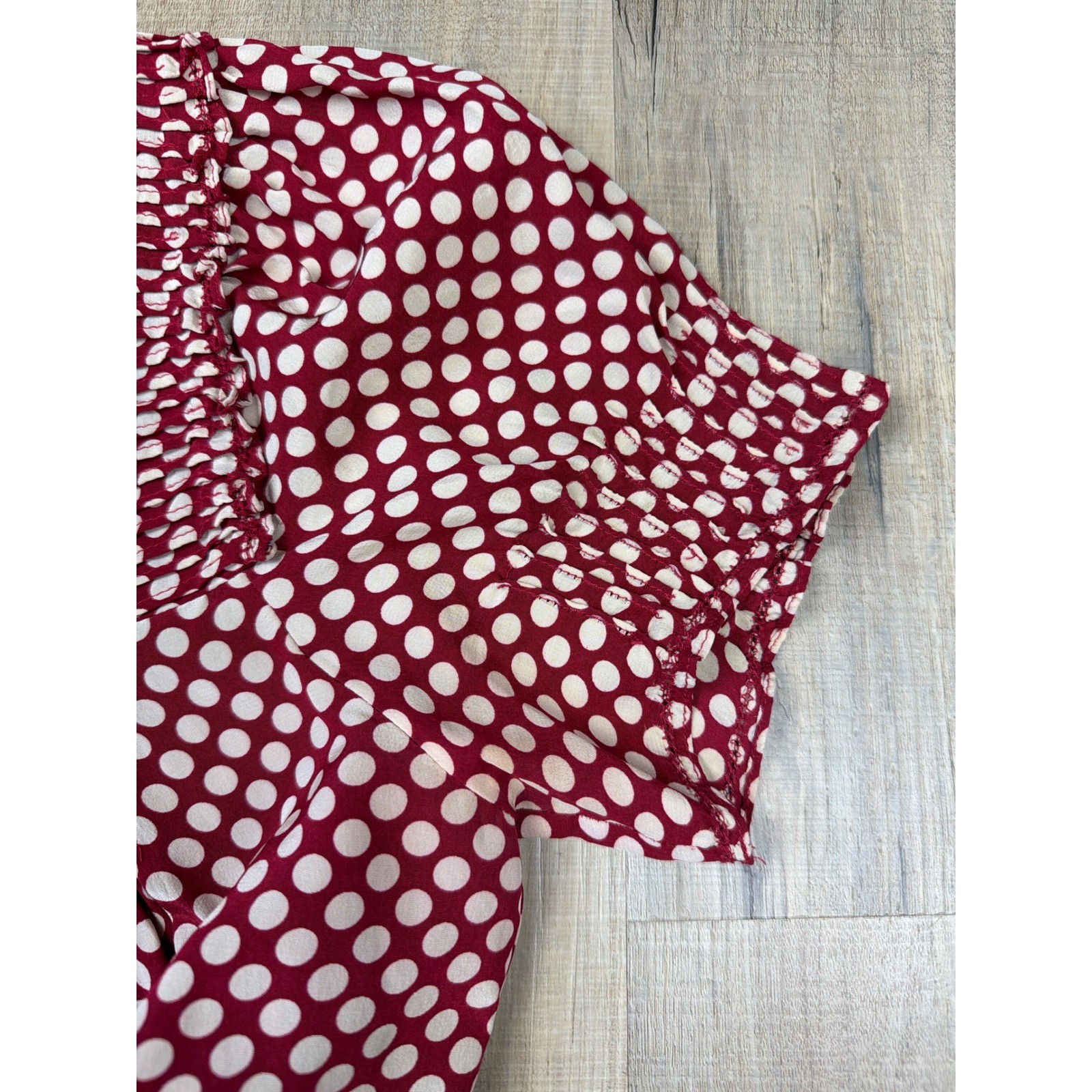 Betsey Johnson Vintage Silk Polka Dot Smocked Puff Sleeve Dress Burgundy Size 6