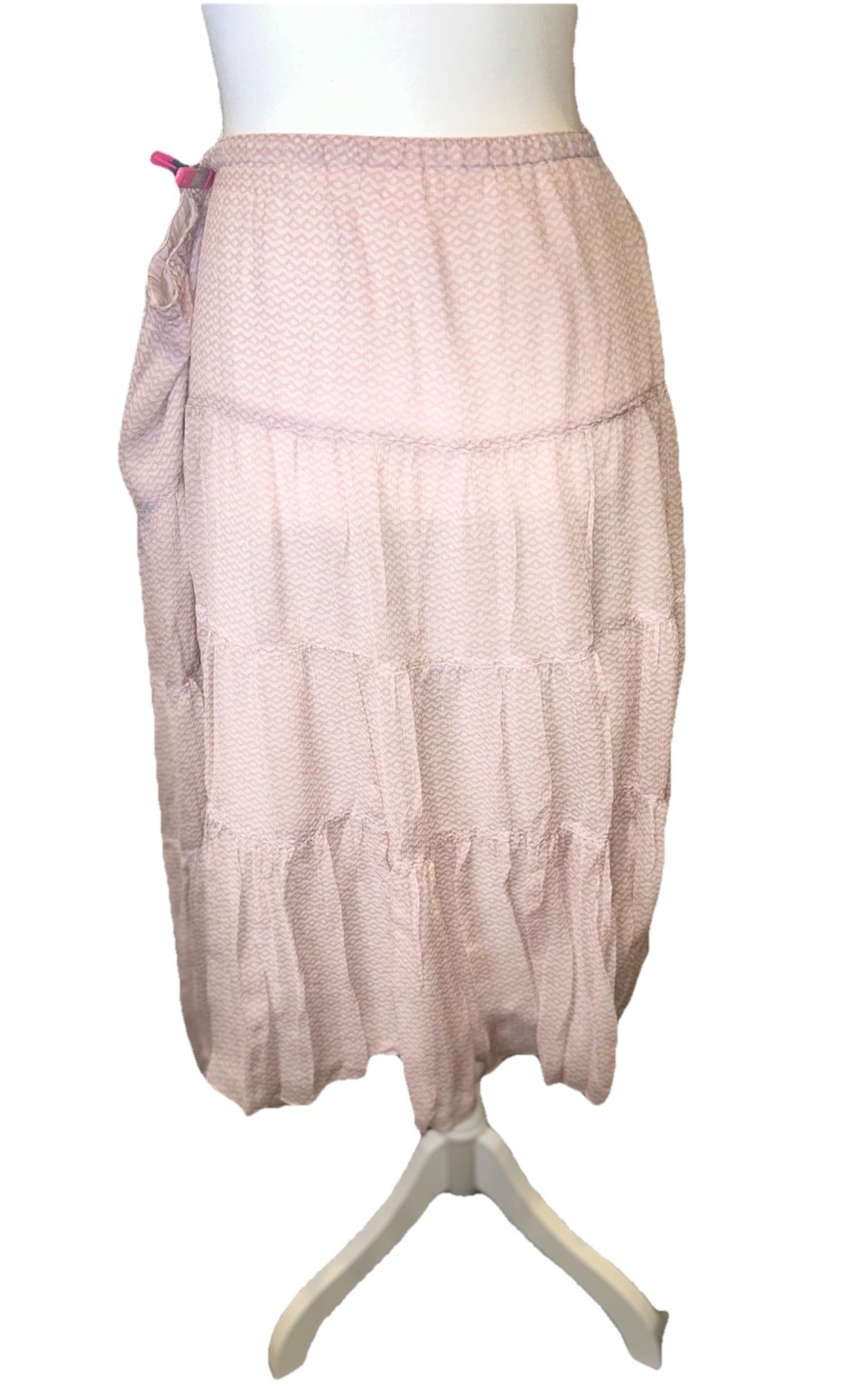 Vintage Intuitions 100% Silk Tiered Ruffle Midi Skirt Blush Pink Geometric L