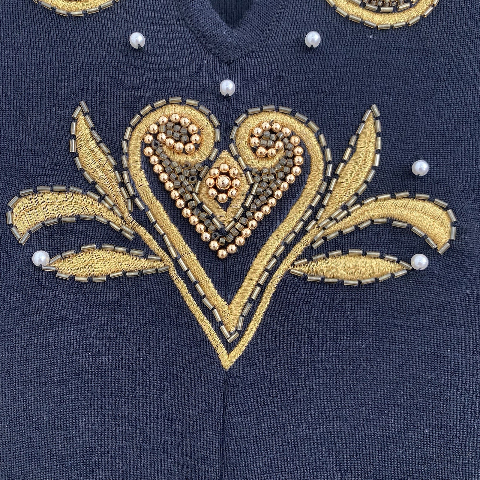 Fusion vintage 80s dress women Sz P black/Gold embroidery Knit Evening Night Out
