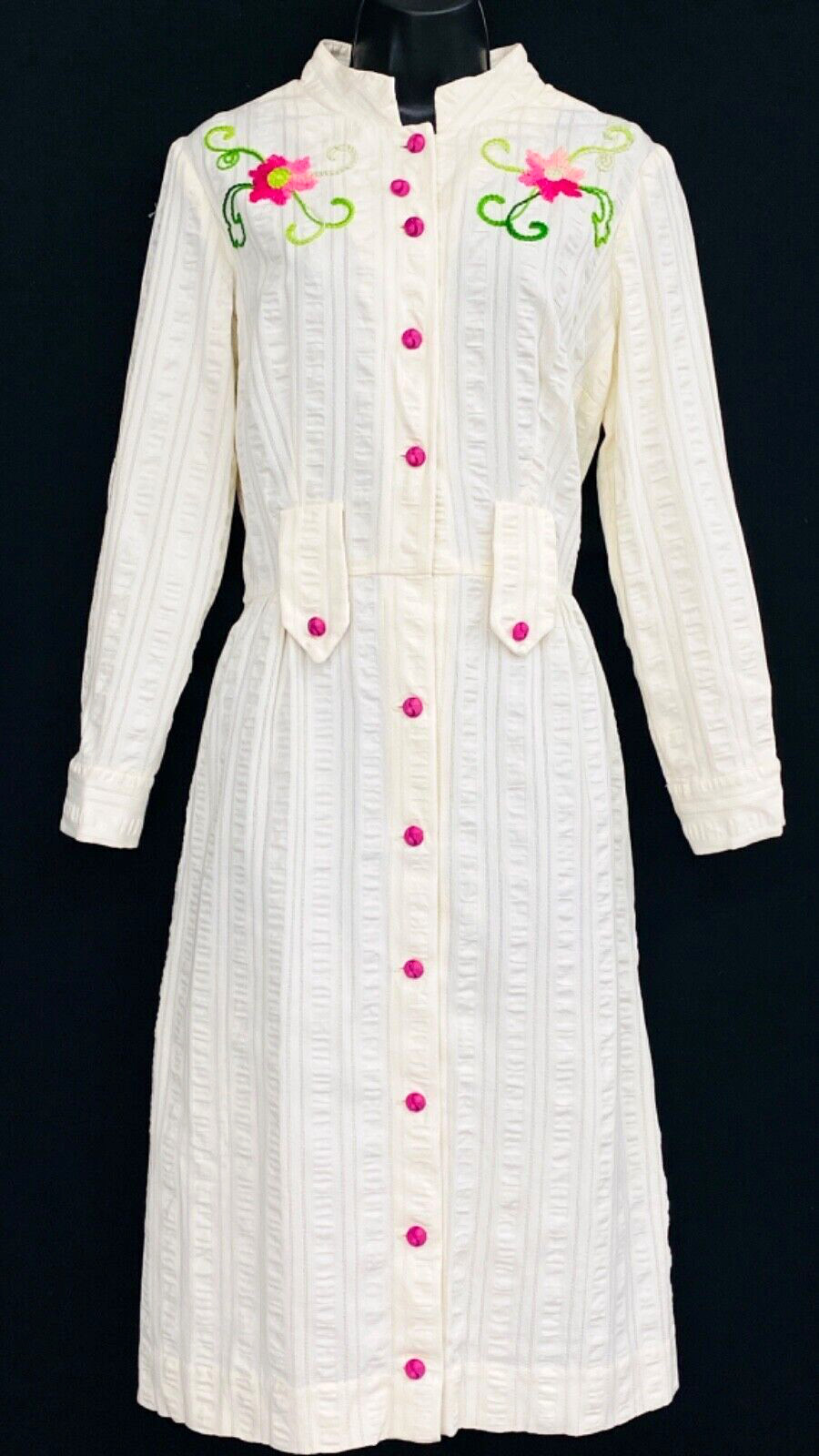 Vintage 1950s white embroidered dress long sleeve pink floral cotton pin-up M L