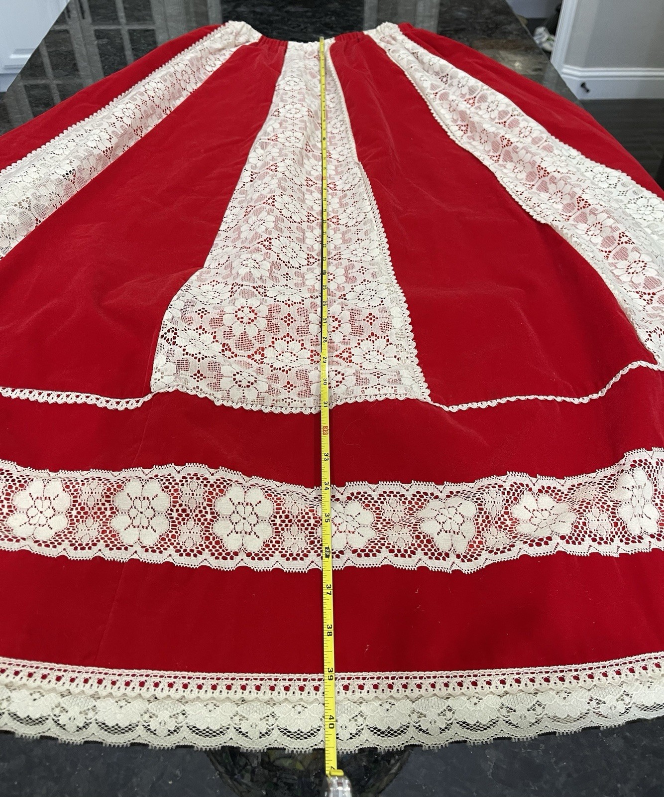 70s Red Velveteen Lace Prairie Revival Skirt Christmas Mrs. Claus Festival READ