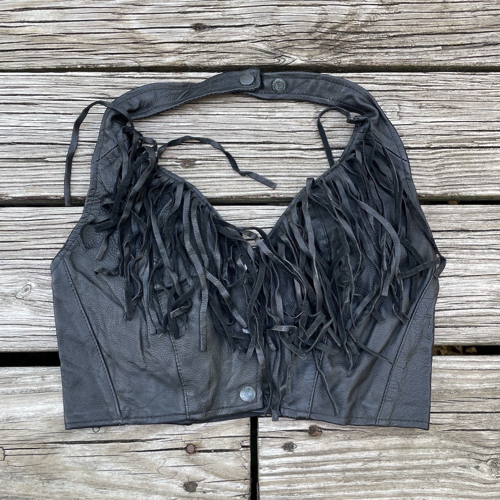 Vtg Y2K Leather Biker Fetish Crop Vest Tank Top Fringe Bra Glam Rock Shirt S