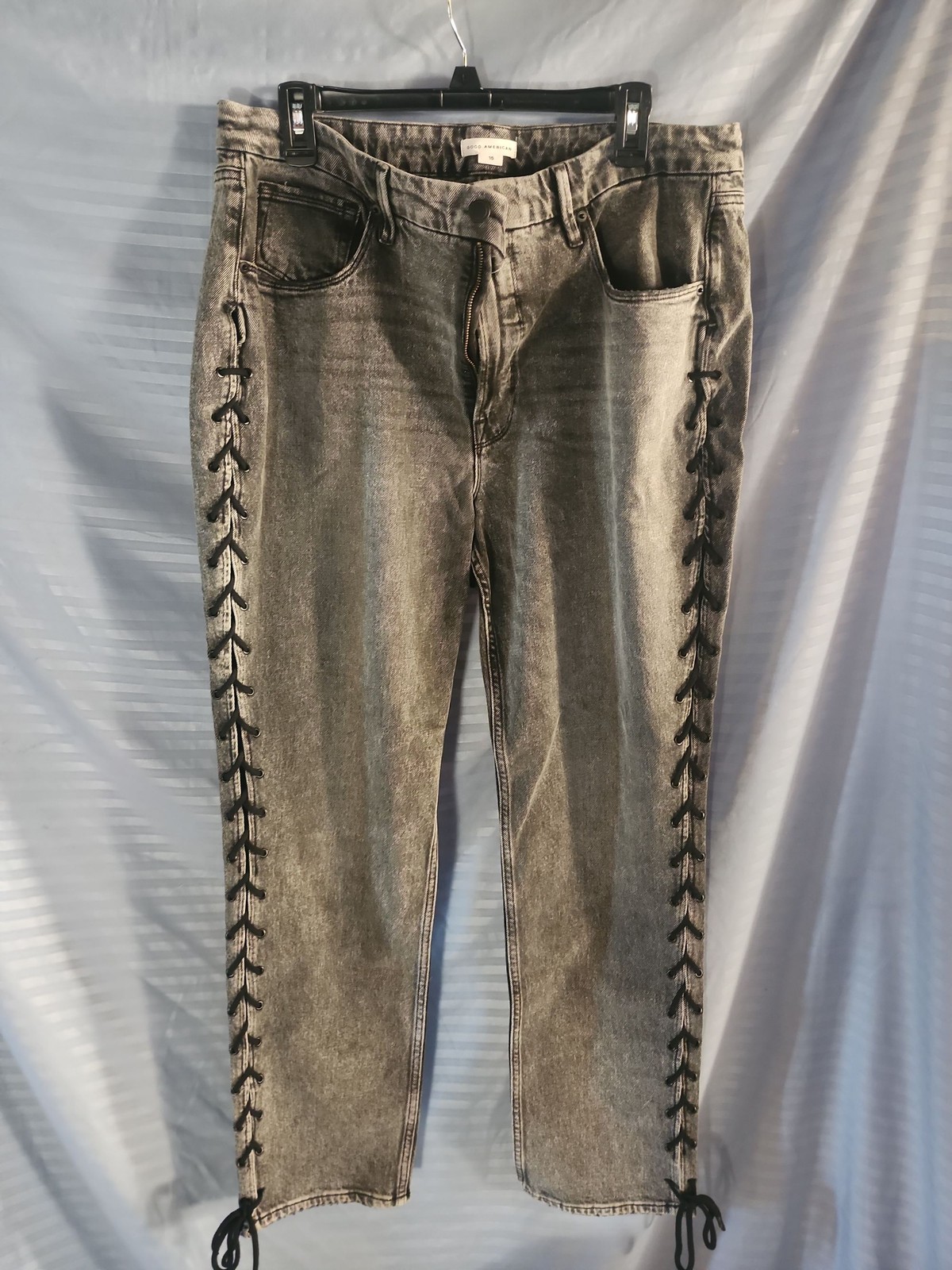Good American Good Legs Lace Up Jeans Sz 16 Black Wash