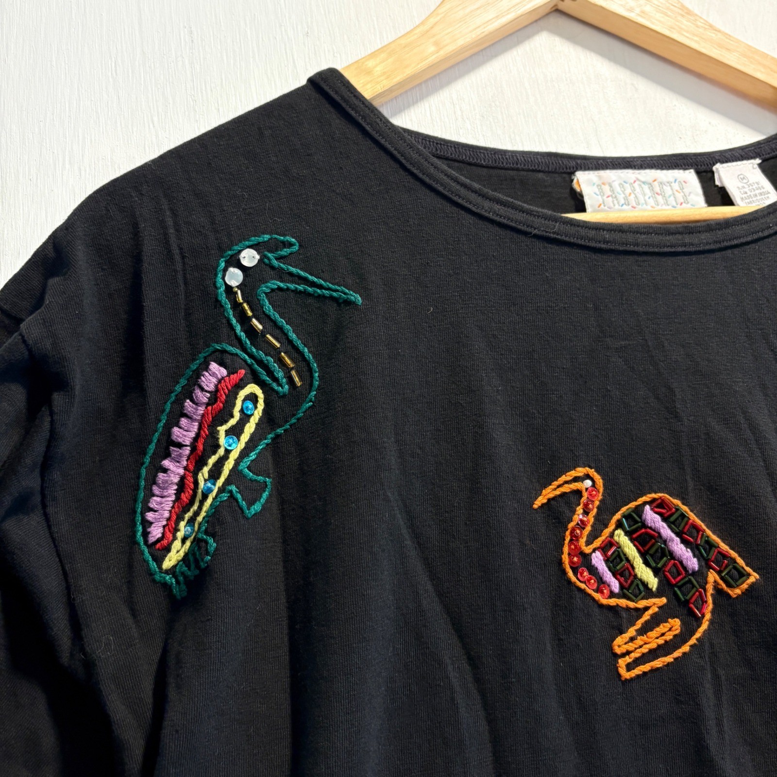 Passports Pier 1 Imports Vintage Black Cotton Embroidered Bird T-Shirt Medium